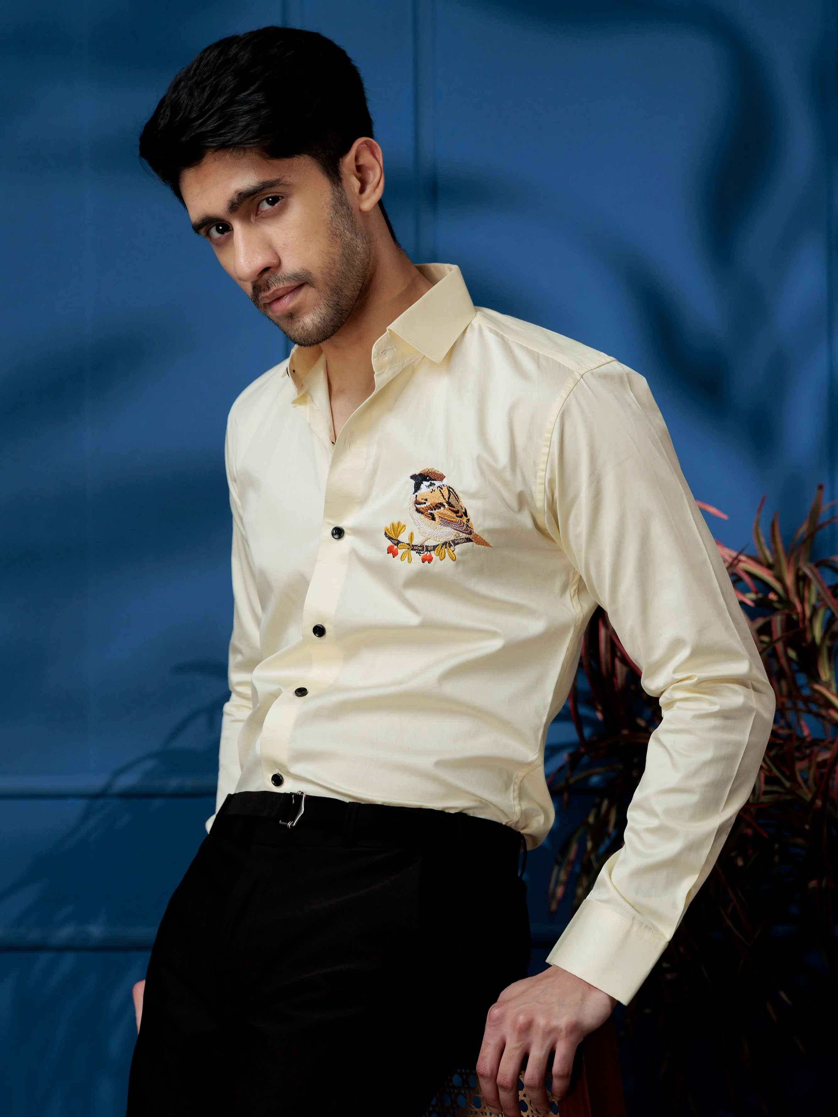 FOOMER SPARROW LIGHT YELLOW EMBROIDERED CLUB WEAR SATIN COTTON SHIRT