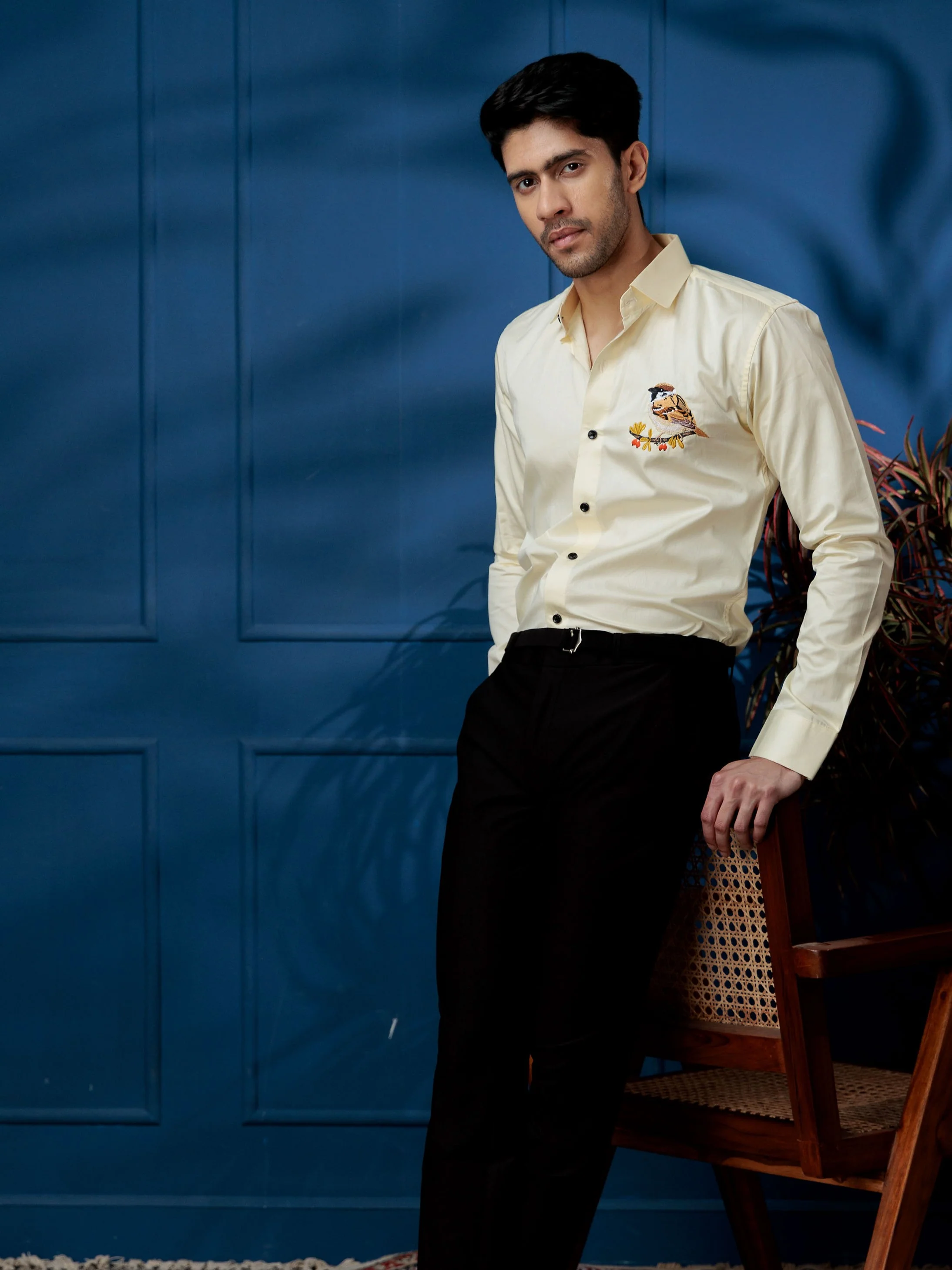 FOOMER SPARROW LIGHT YELLOW EMBROIDERED CLUB WEAR SATIN COTTON SHIRT - Image 2