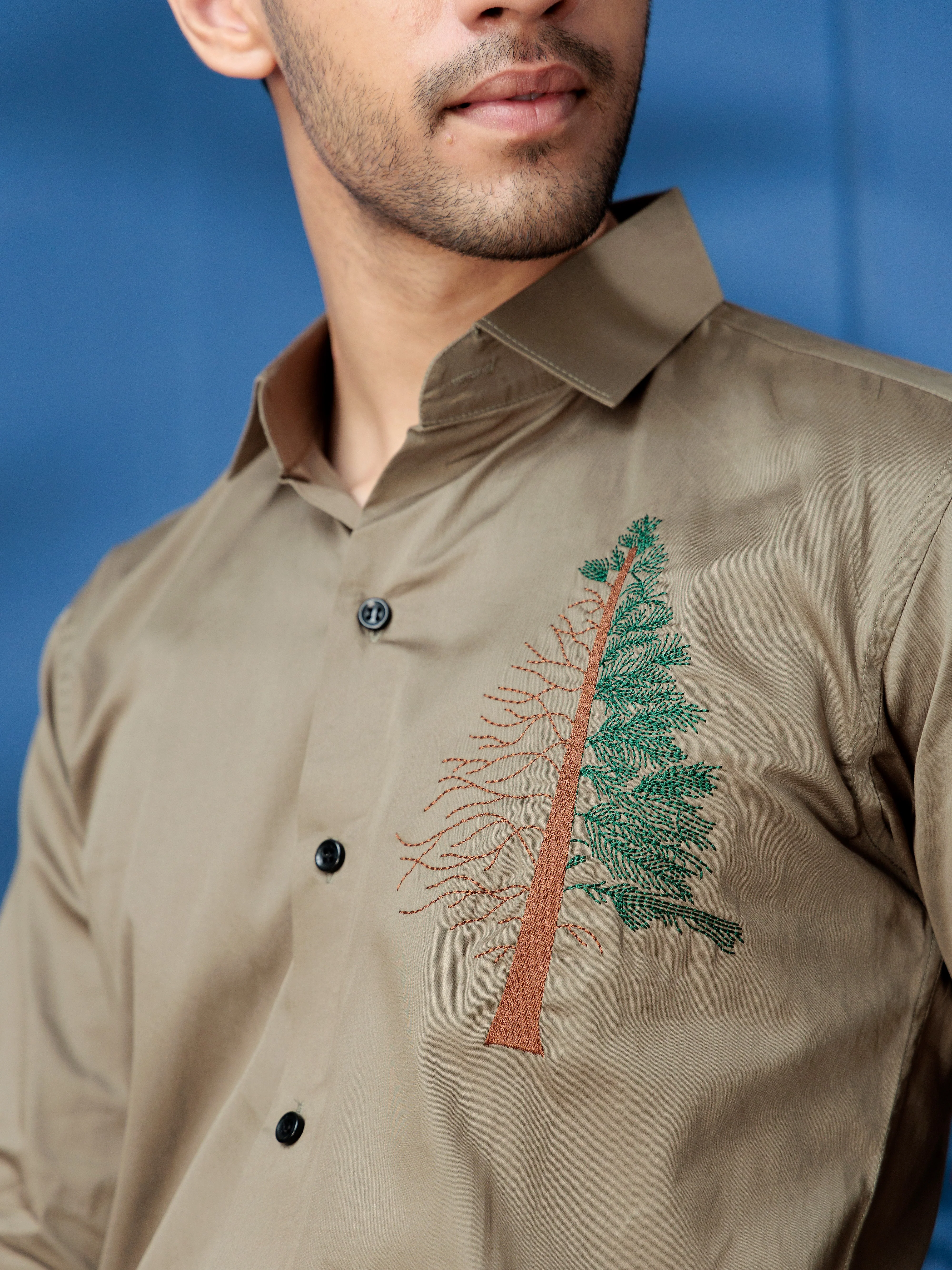 FOOMER TREE EMBROIDERED GREEN LUXURY COTTON SHIRT FOR MEN - Image 5