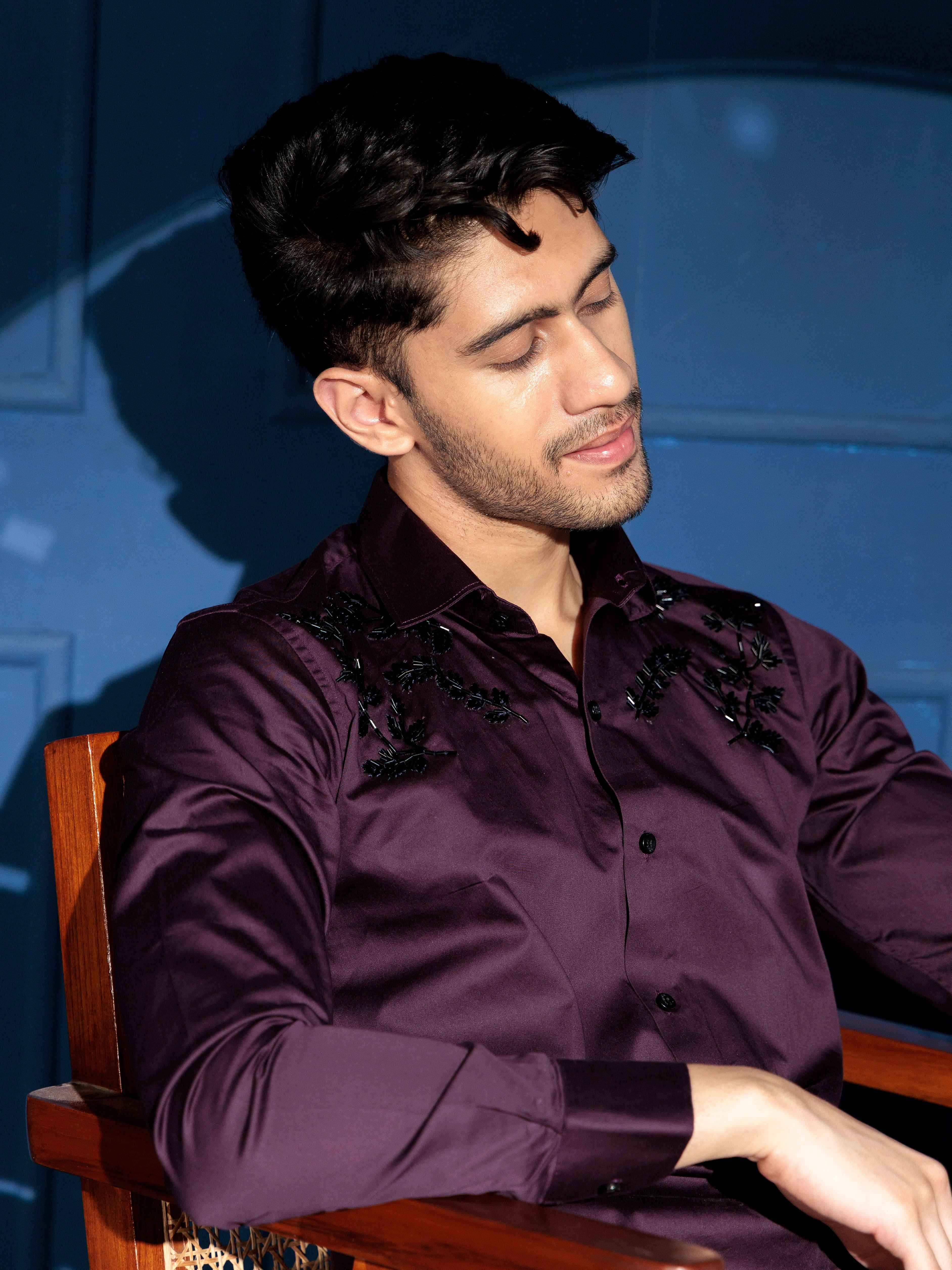 FOOMER WAVE HD RHINESTONE HAND WORK SATIN COTTON SHIRT FOR MEN