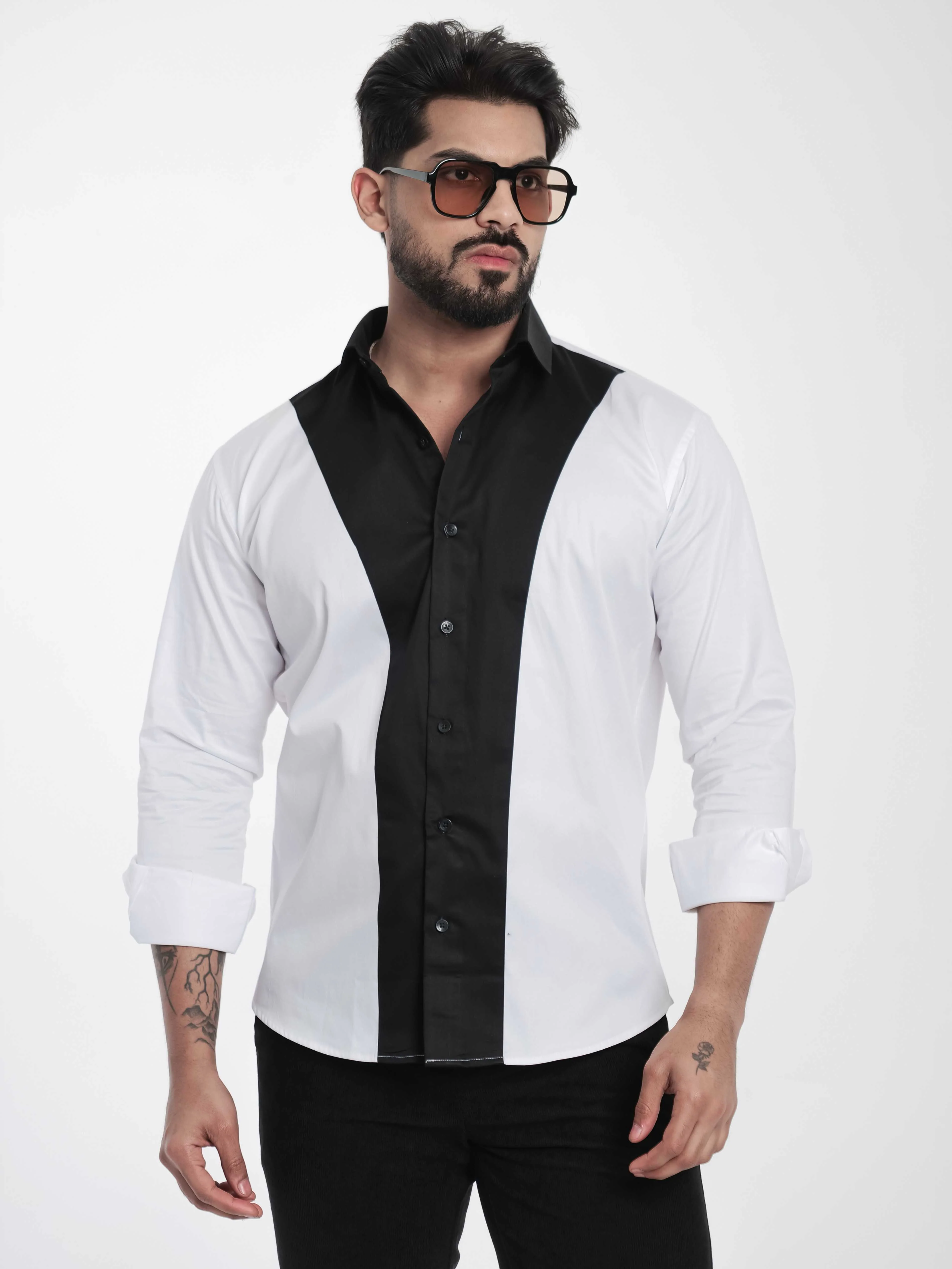 FOOMER WHITE AND BLACK CUT N SEW DESIGNER SHIRT FOR MEN'S - Image 7