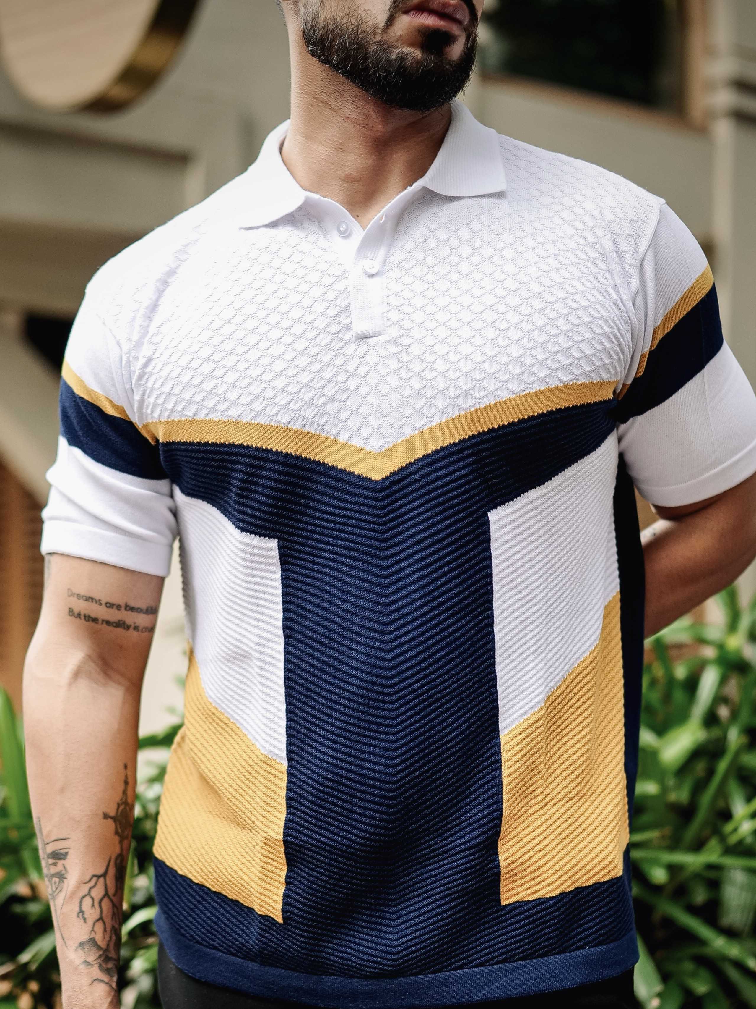FOOMER WHITE AND NAVY HALF SLEEVE KNITTED TSHIRT FOR MEN'S - Image 2