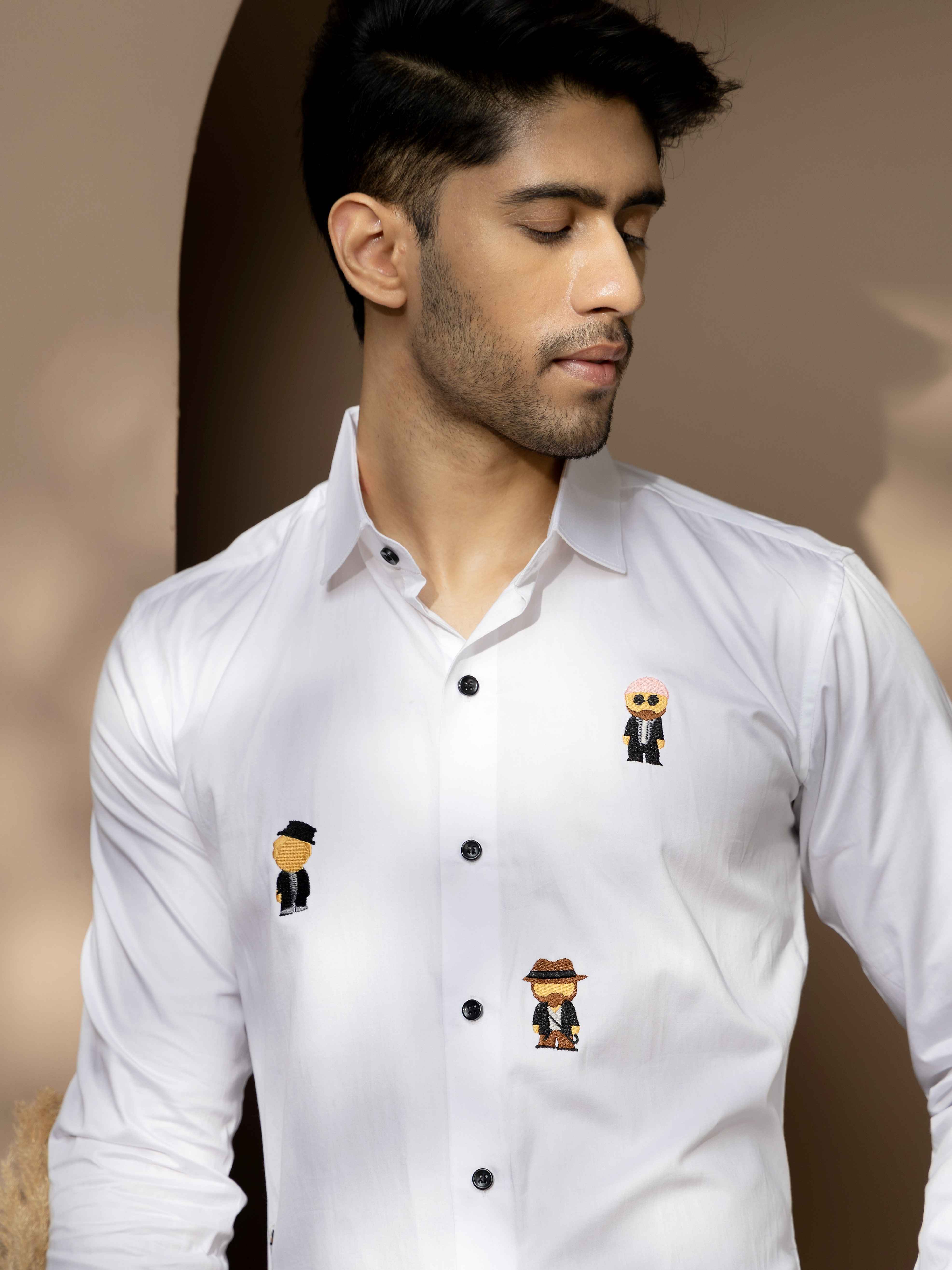 FOOMER WHITE EMBROIDERED DESIGNER WEAR SATIN COTTON SHIRT - Image 2