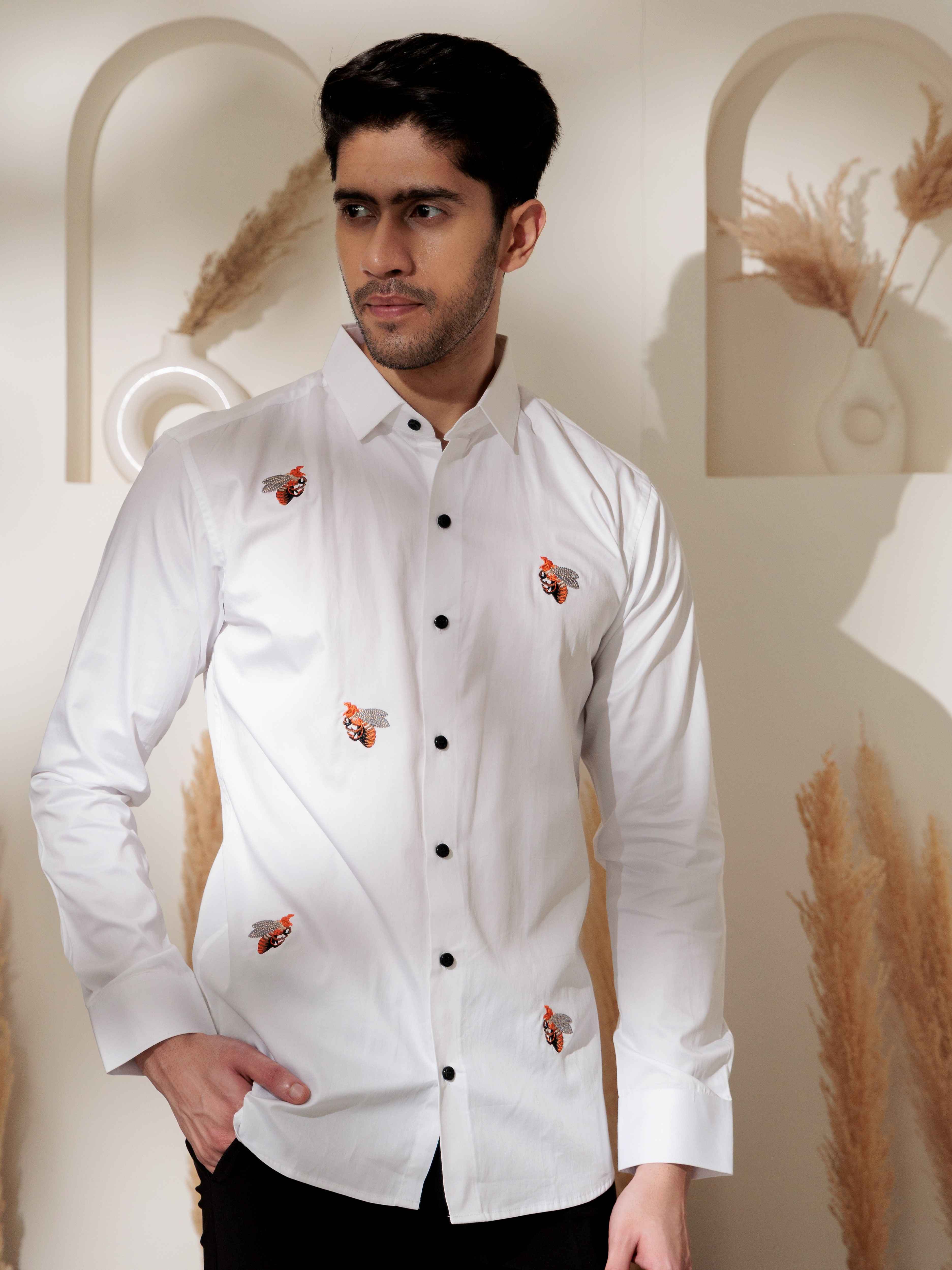 FOOMER WHITE EMBROIDERED DESIGNER WEAR SATIN COTTON SHIRT FOR MEN - Image 3