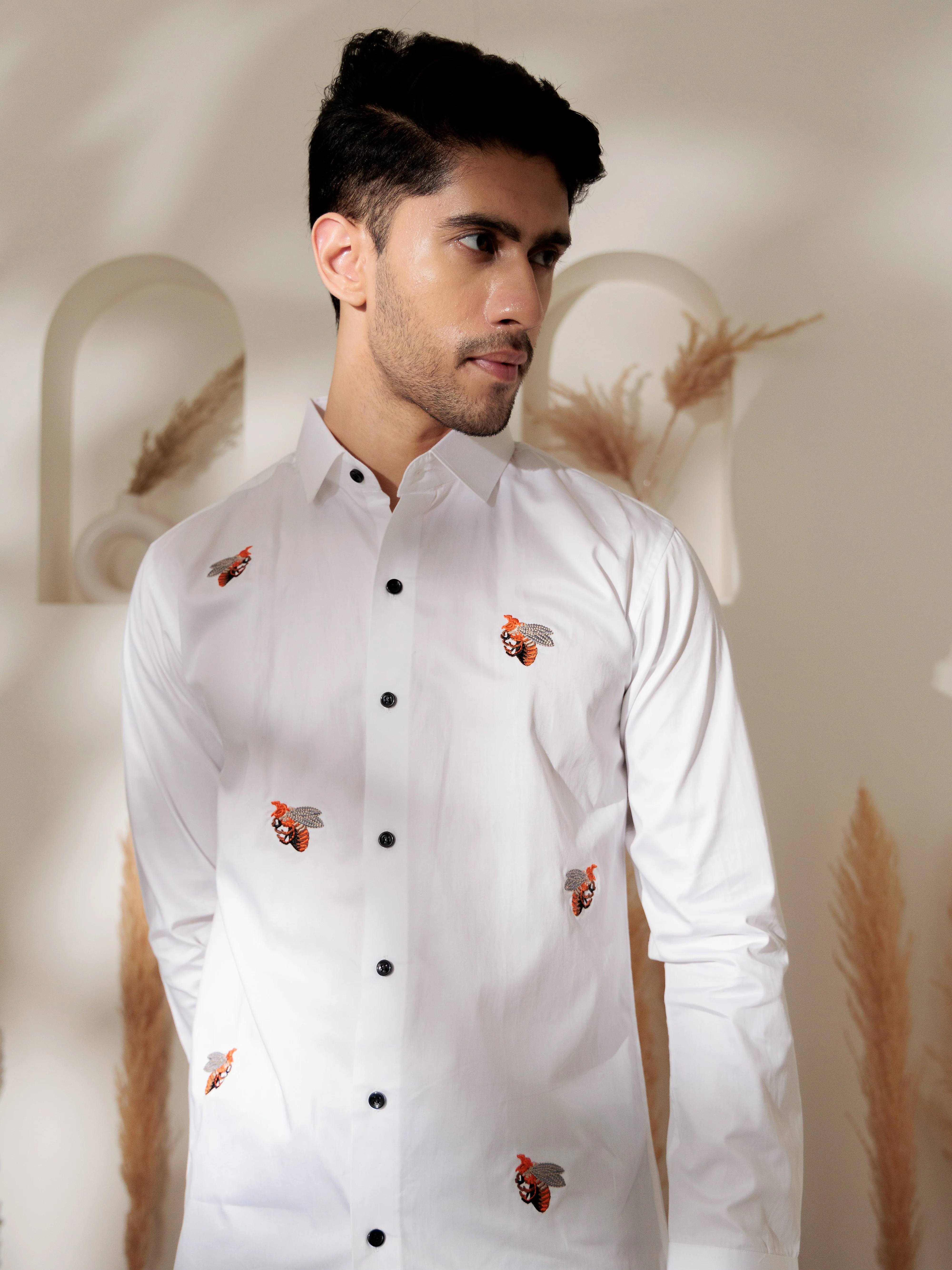 FOOMER WHITE EMBROIDERED DESIGNER WEAR SATIN COTTON SHIRT FOR MEN - Image 6