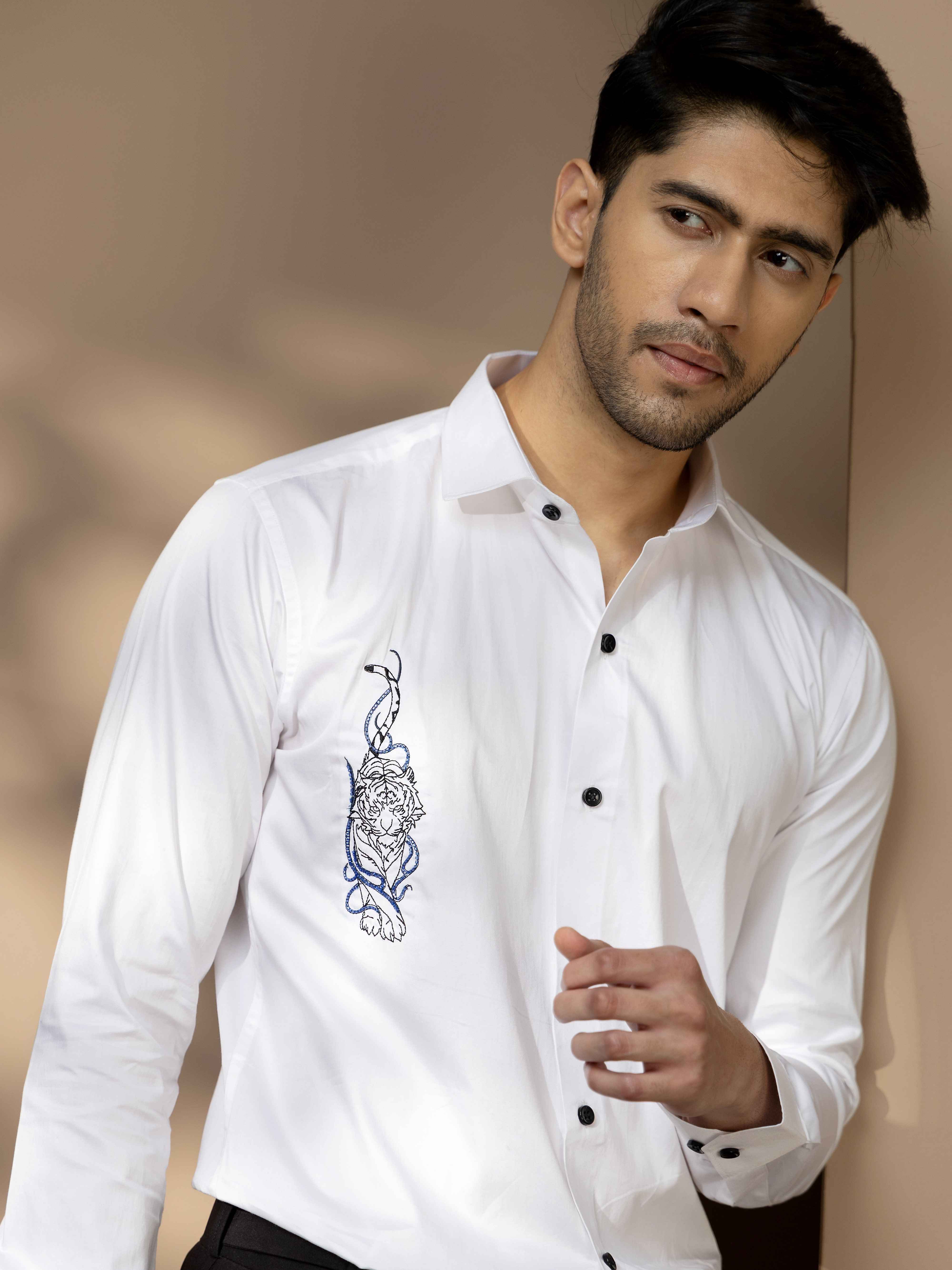 FOOMER WHITE EMBROIDERY SATIN COTTON SHIRT FOR MEN
