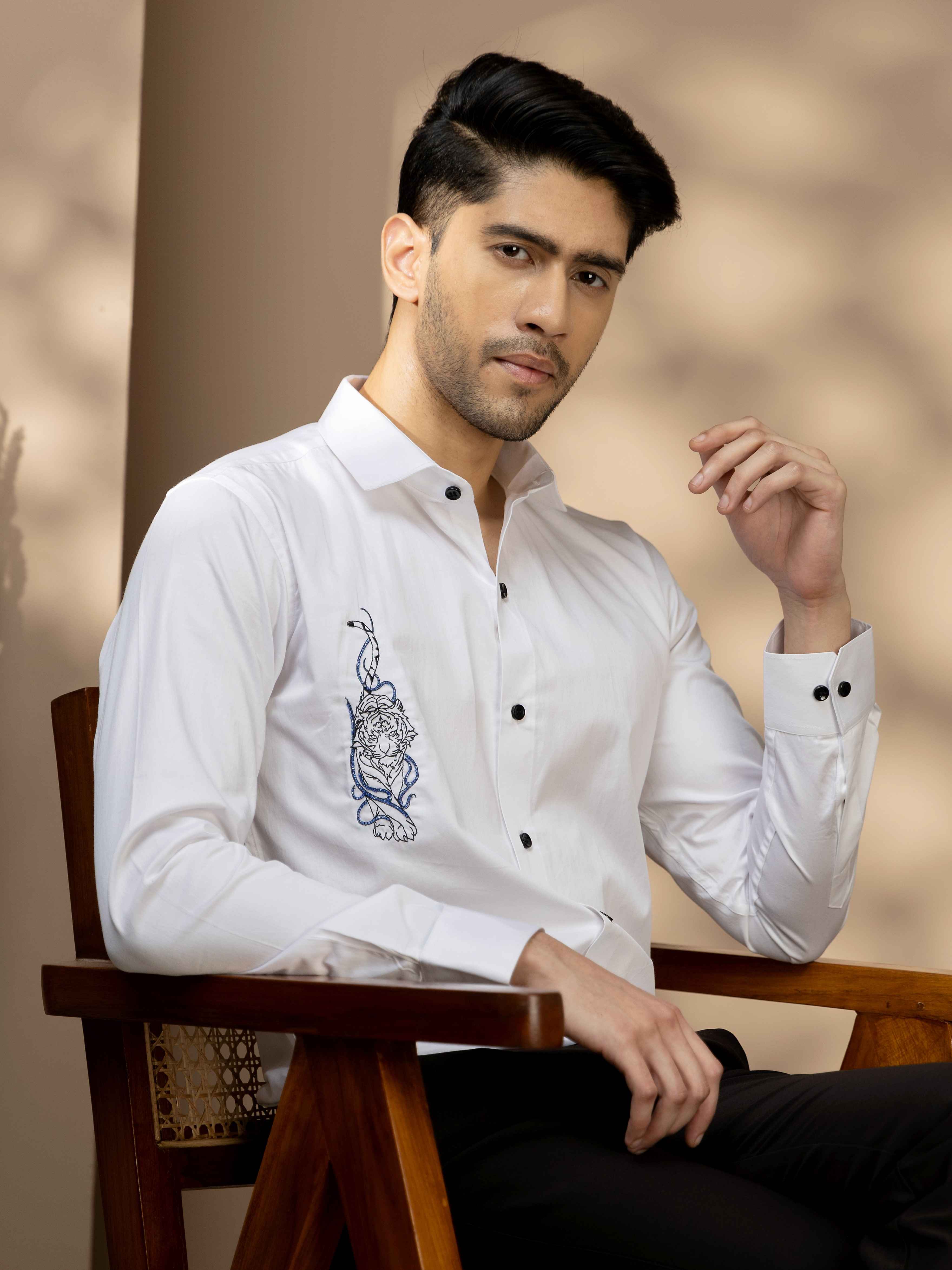FOOMER WHITE EMBROIDERY SATIN COTTON SHIRT FOR MEN - Image 3