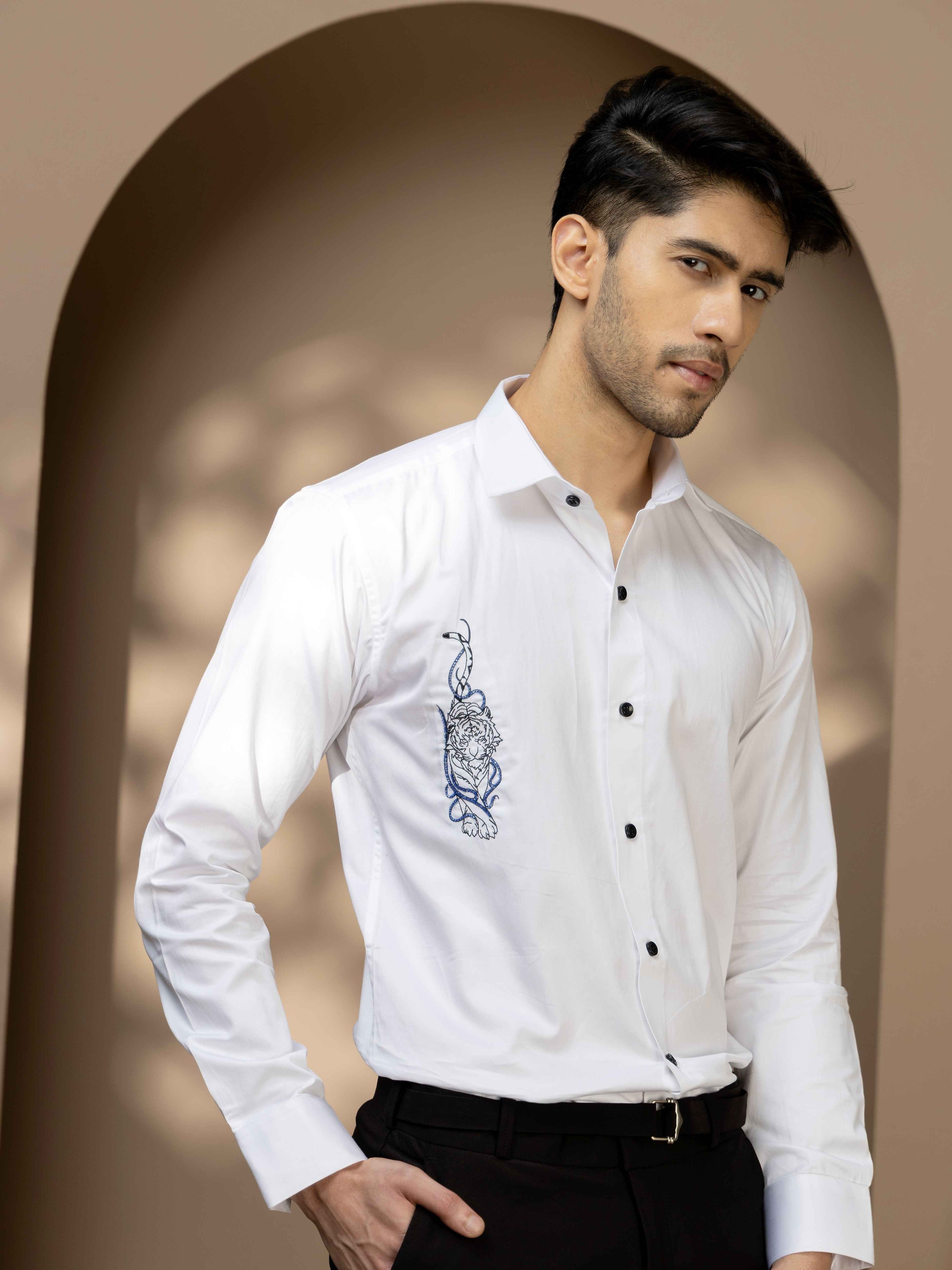 FOOMER WHITE EMBROIDERY SATIN COTTON SHIRT FOR MEN - Image 4