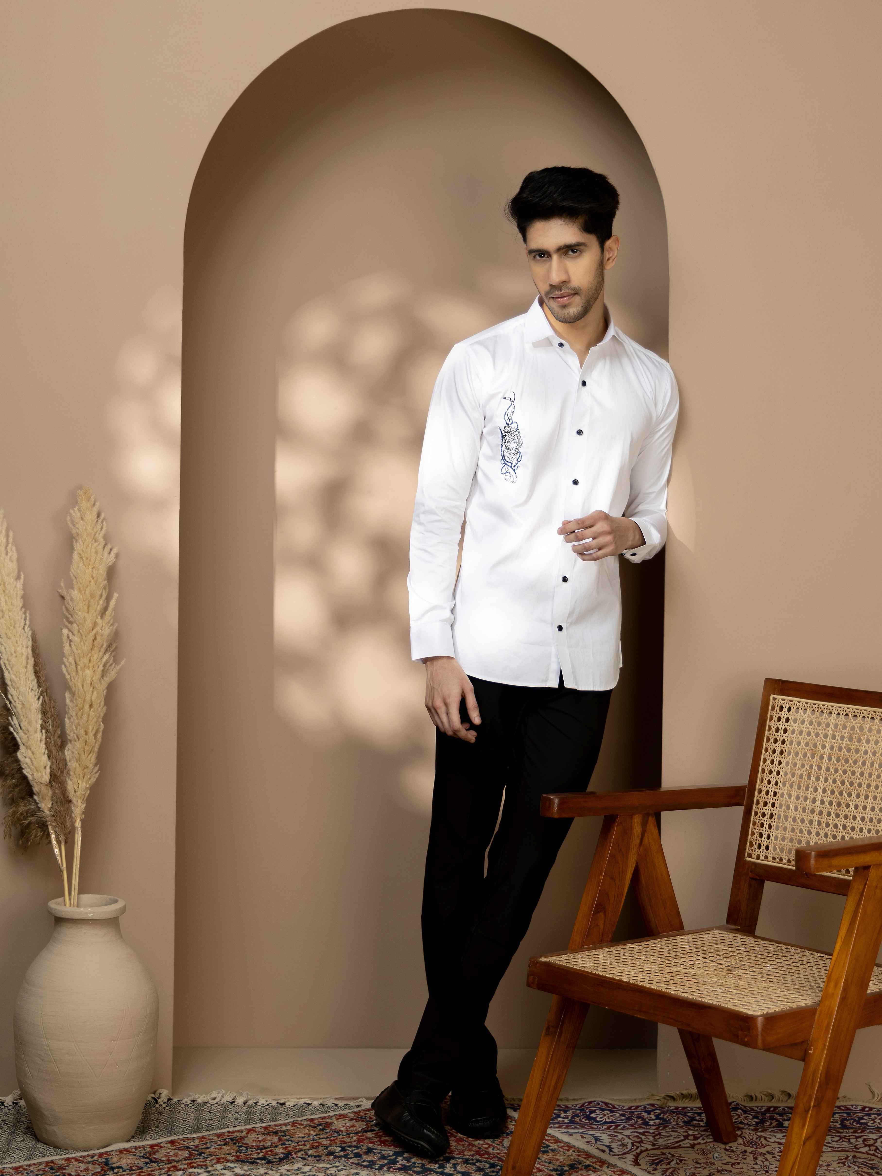 FOOMER WHITE EMBROIDERY SATIN COTTON SHIRT FOR MEN - Image 5