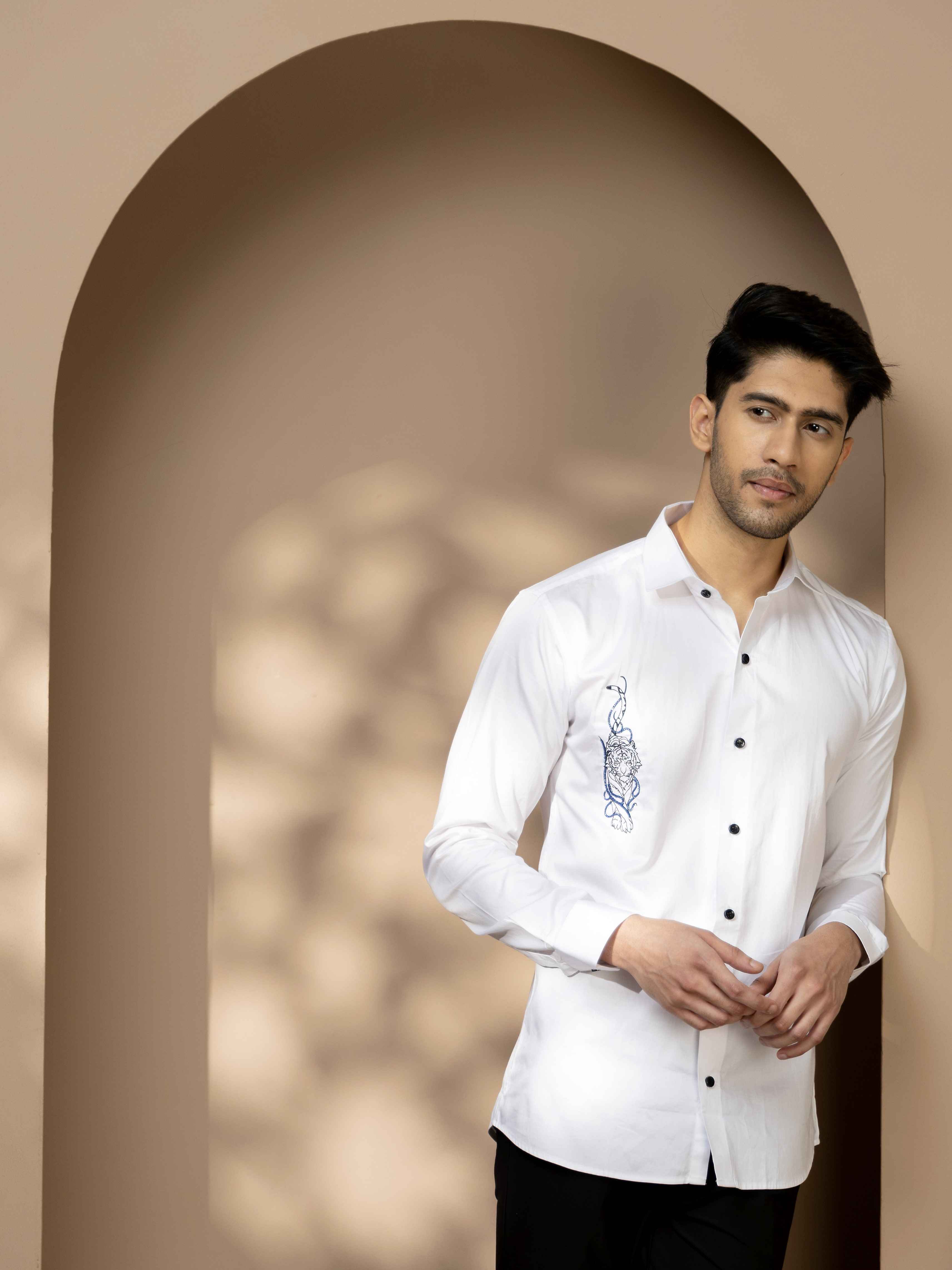FOOMER WHITE EMBROIDERY SATIN COTTON SHIRT FOR MEN - Image 6