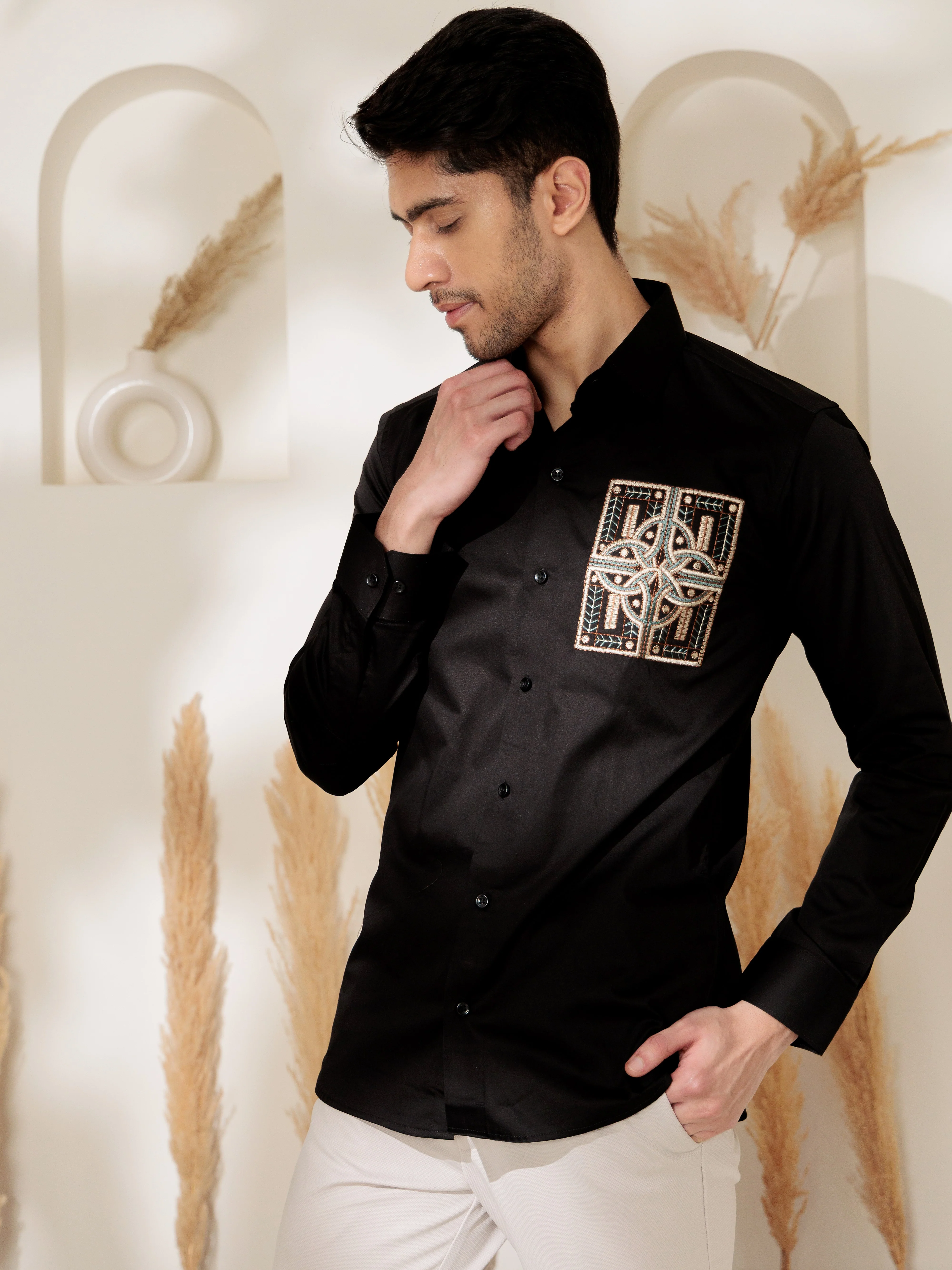 FOOMER BLACK GOLDEN EMBROIDERED CLUB WEAR SATIN COTTON SHIRT FOR MEN - Image 3