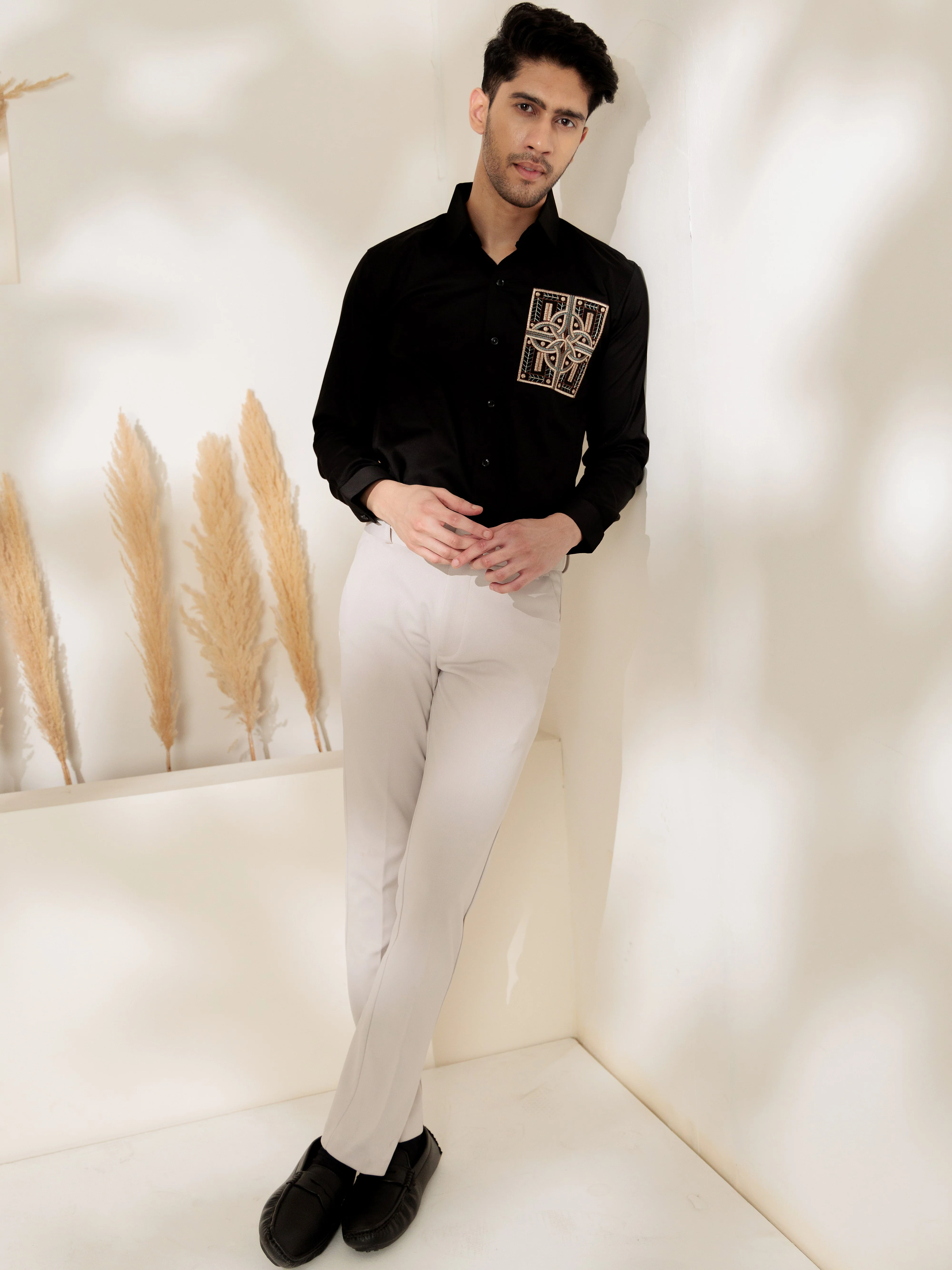FOOMER BLACK GOLDEN EMBROIDERED CLUB WEAR SATIN COTTON SHIRT FOR MEN - Image 4
