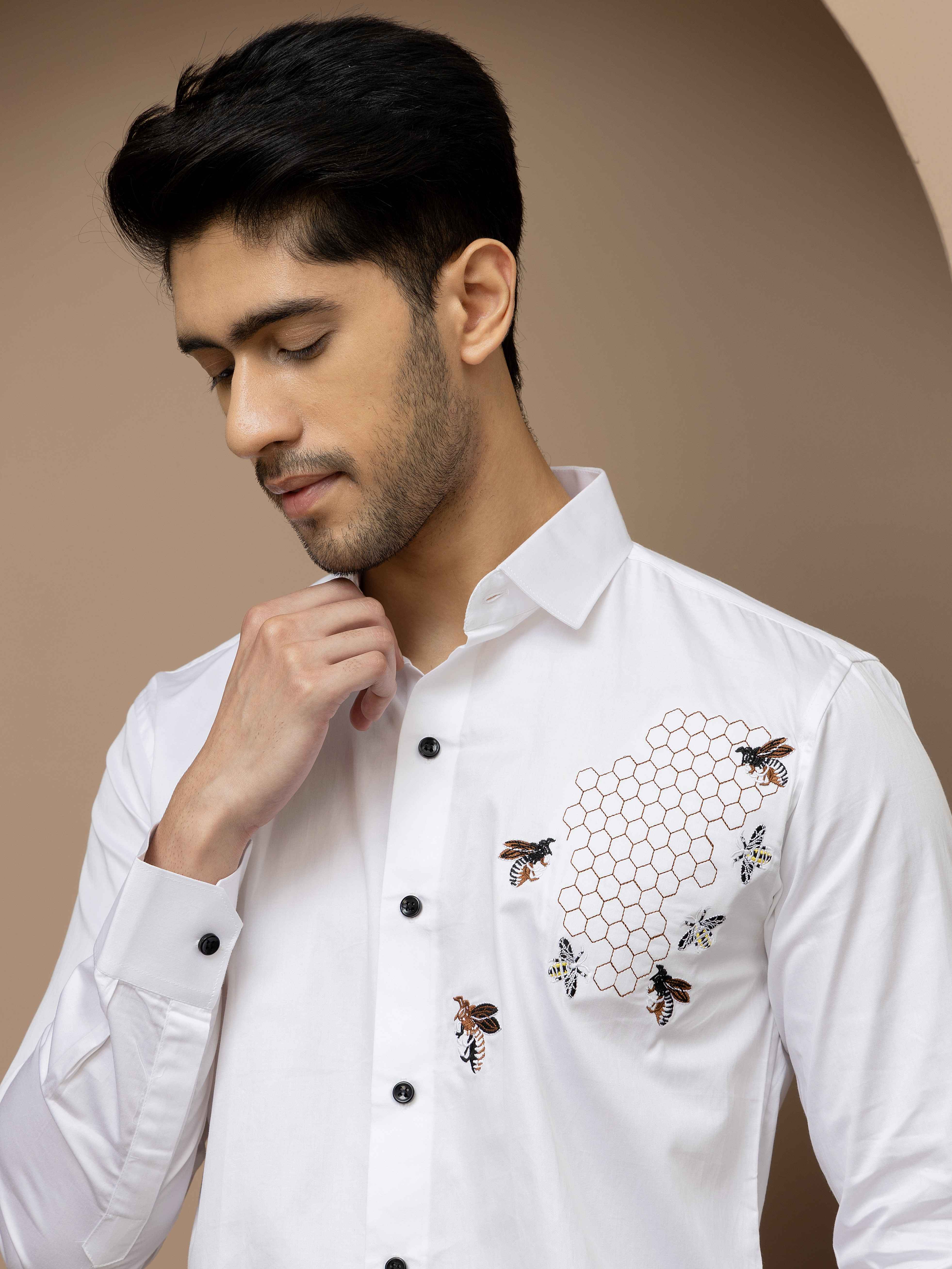 FOOMER WHITE HONEY BEES EMBROIDERED CLUB WEAR SATIN COTTON SHIRT - Image 2