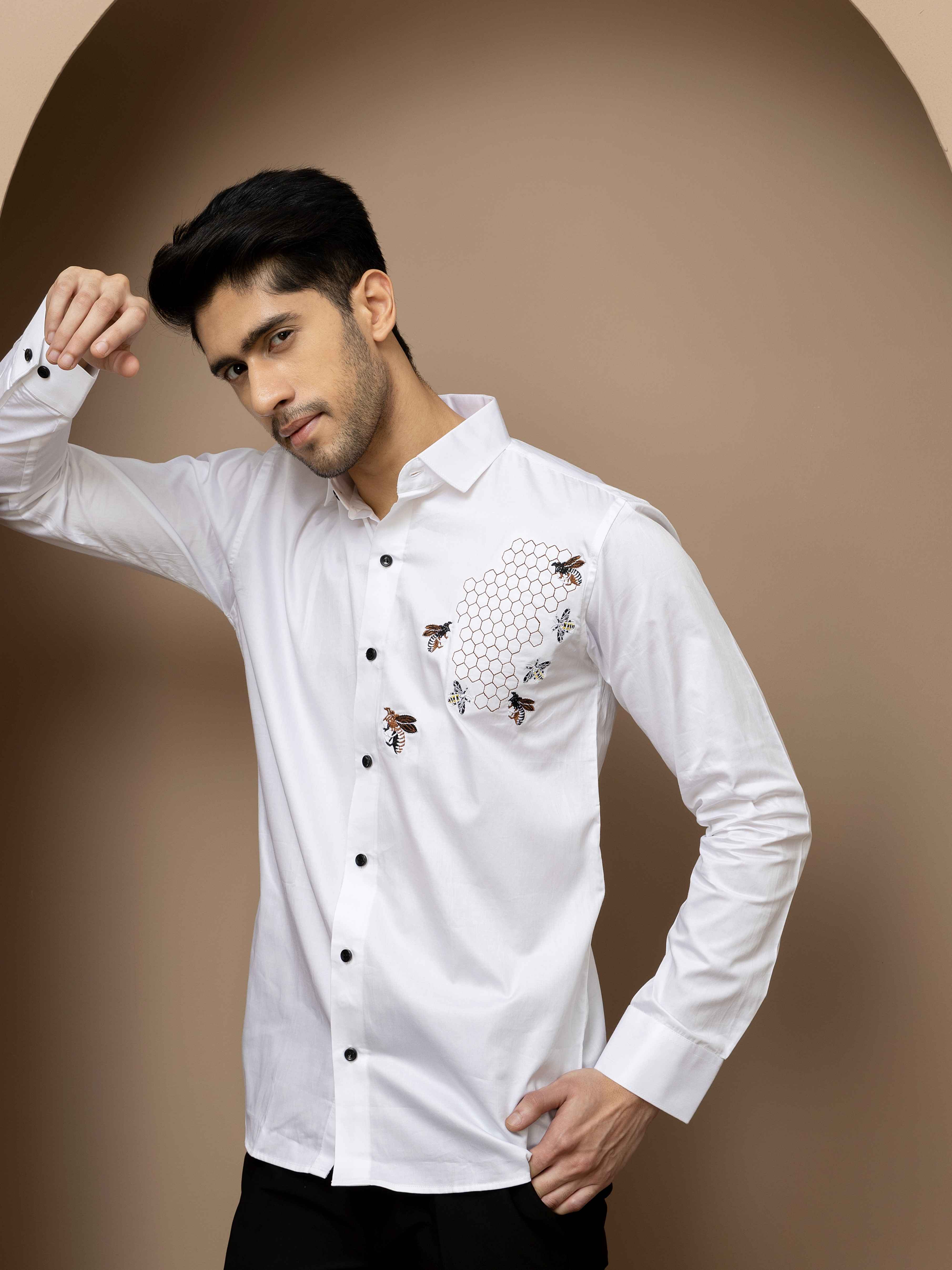 FOOMER WHITE HONEY BEES EMBROIDERED CLUB WEAR SATIN COTTON SHIRT - Image 3