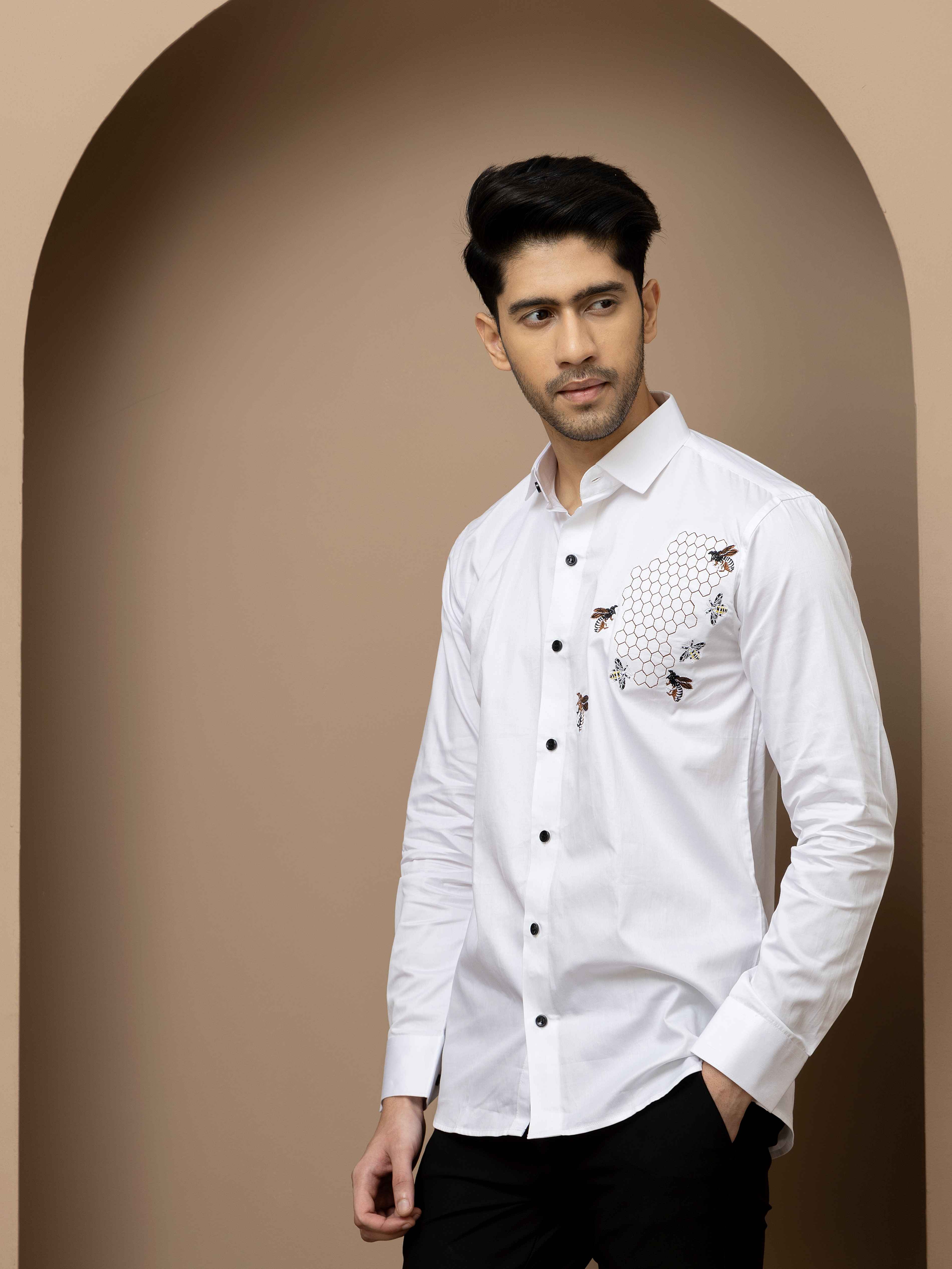FOOMER WHITE HONEY BEES EMBROIDERED CLUB WEAR SATIN COTTON SHIRT - Image 5