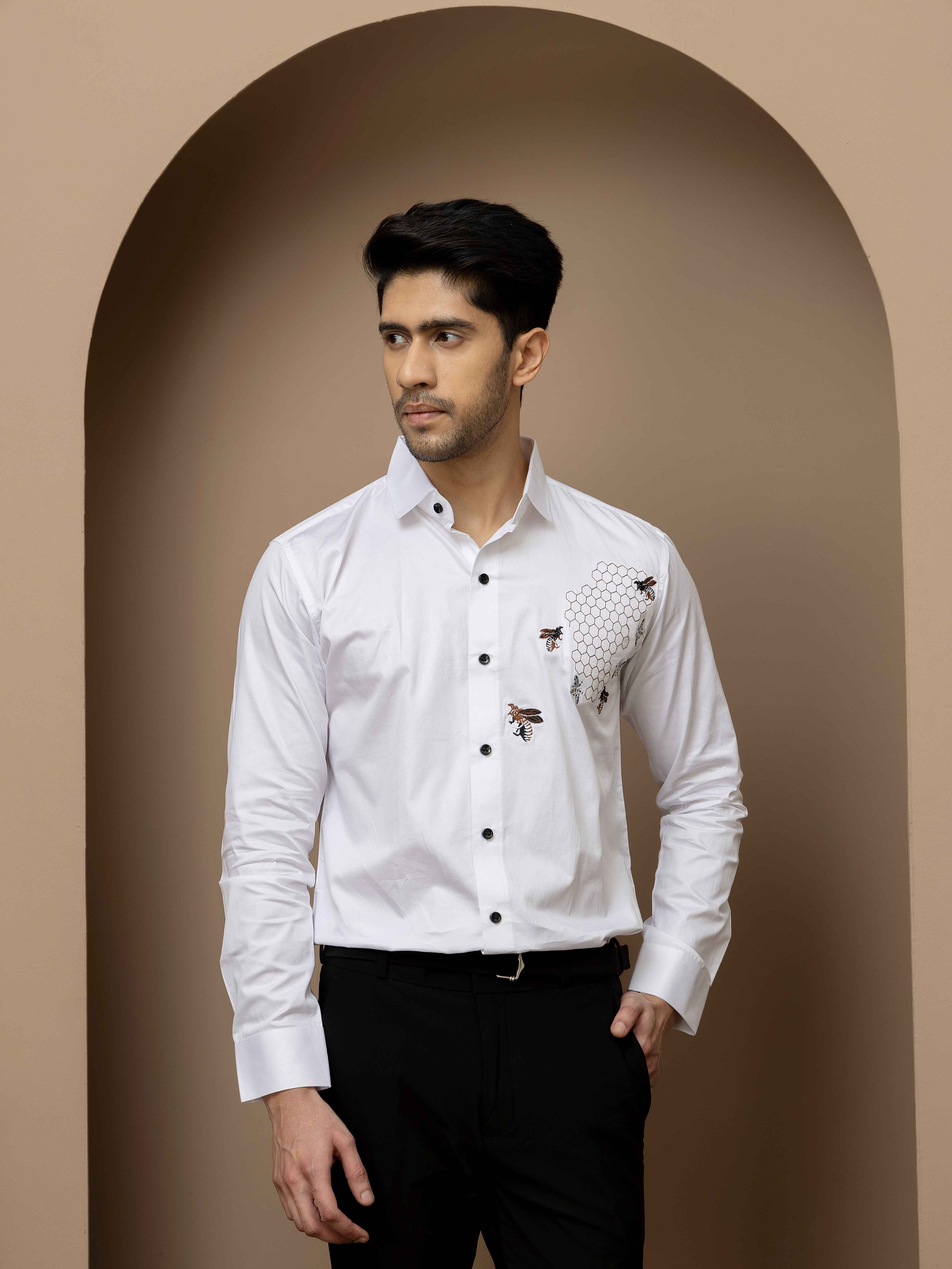 FOOMER WHITE HONEY BEES EMBROIDERED CLUB WEAR SATIN COTTON SHIRT - Image 6