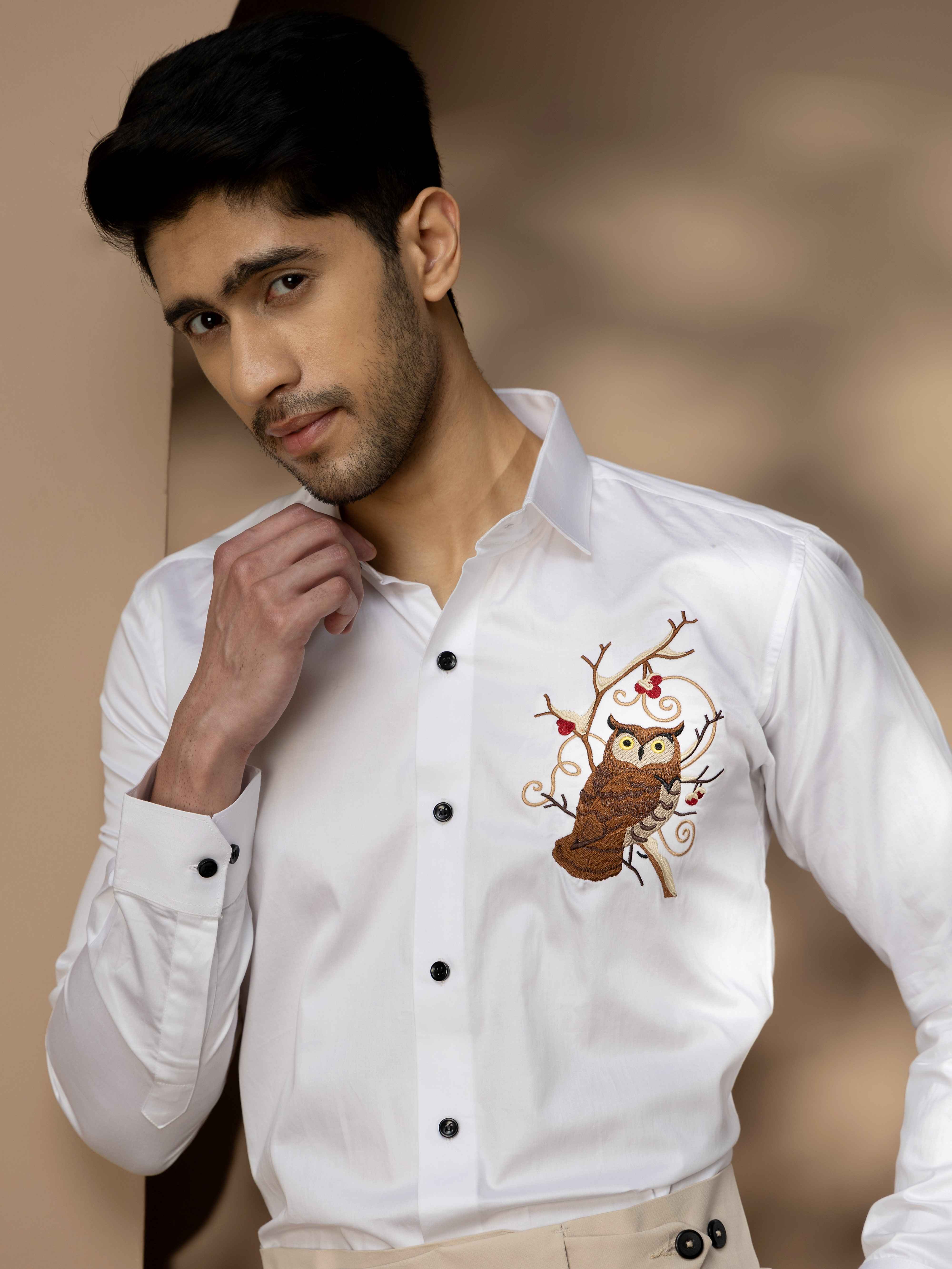 FOOMER WHITE OWL EMBROIDERED CLUB WEAR SATIN COTTON SHIRT - Image 3