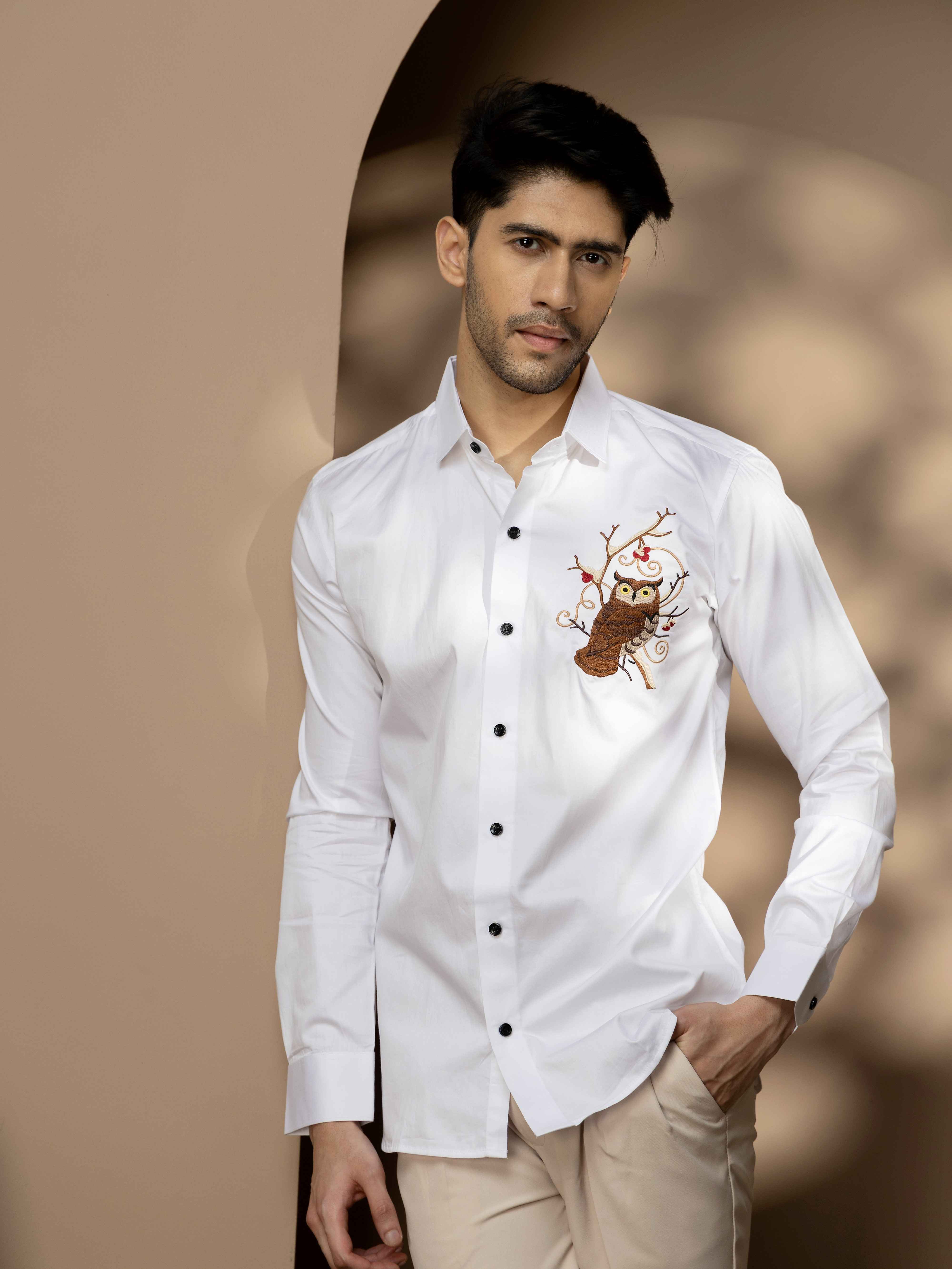 FOOMER WHITE OWL EMBROIDERED CLUB WEAR SATIN COTTON SHIRT - Image 4