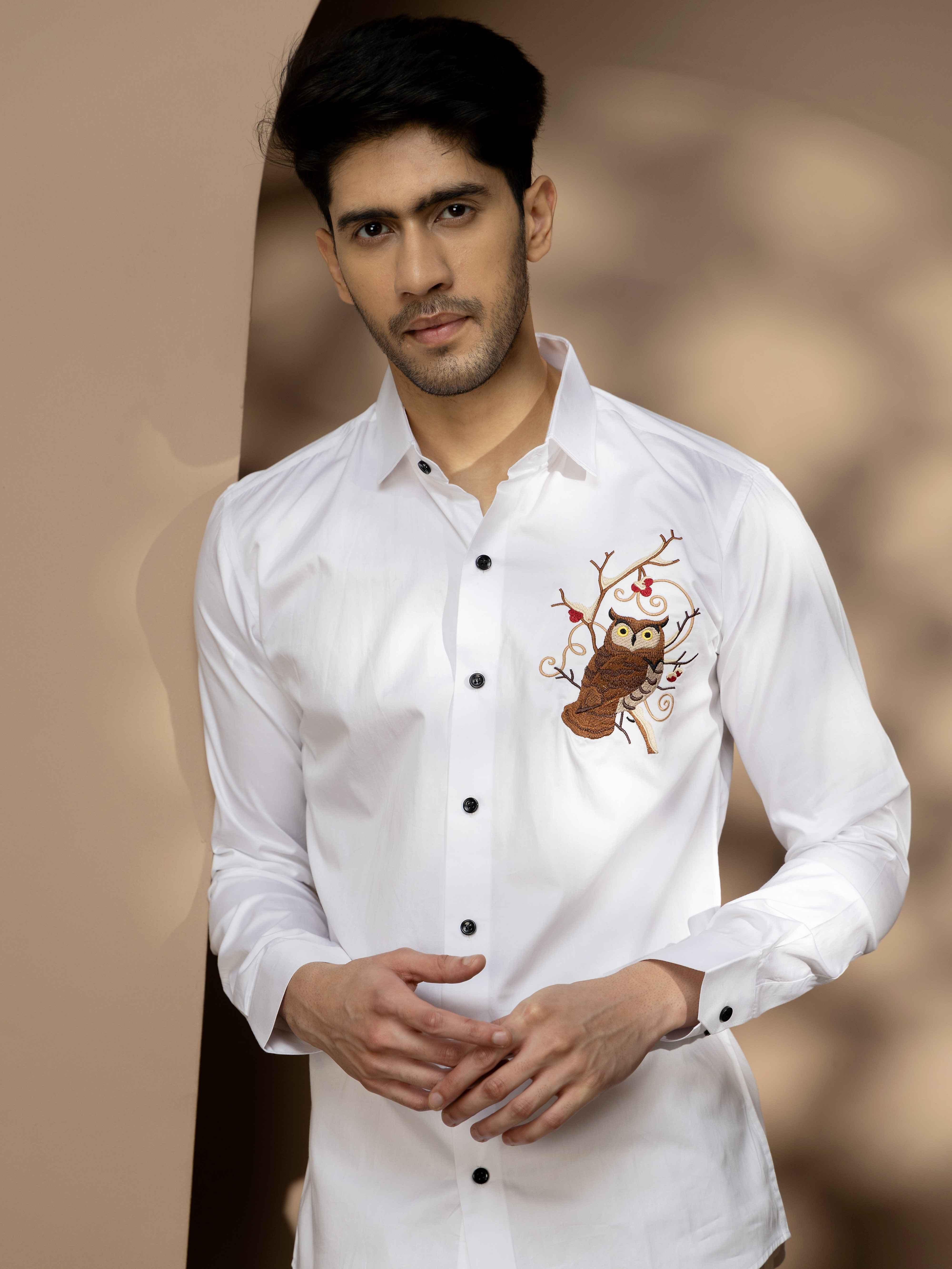 FOOMER WHITE OWL EMBROIDERED CLUB WEAR SATIN COTTON SHIRT - Image 5