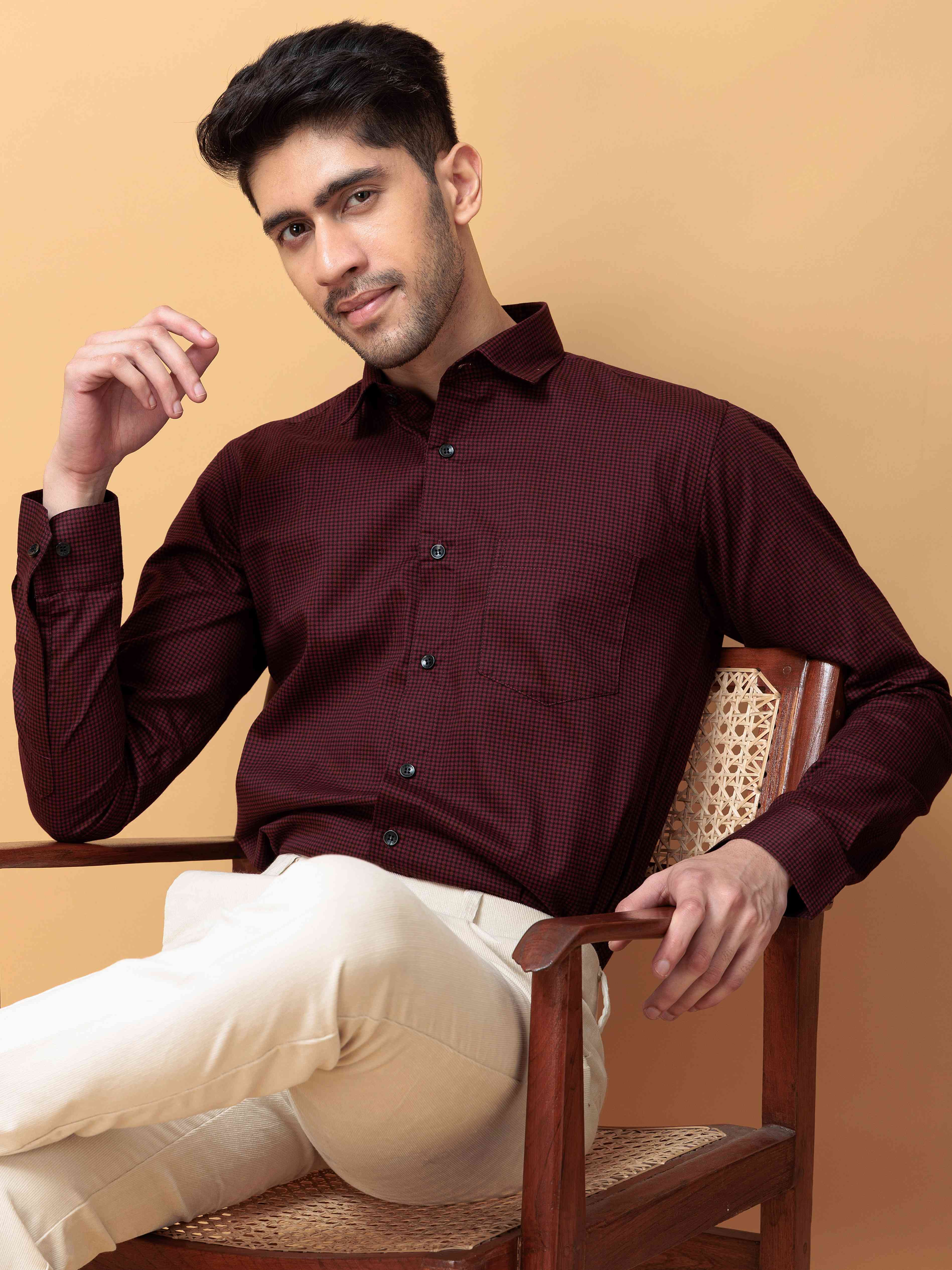 FOOMER WINE MINI CHECKED COTTON CASUAL SHIRT FOR MEN'S - Image 3