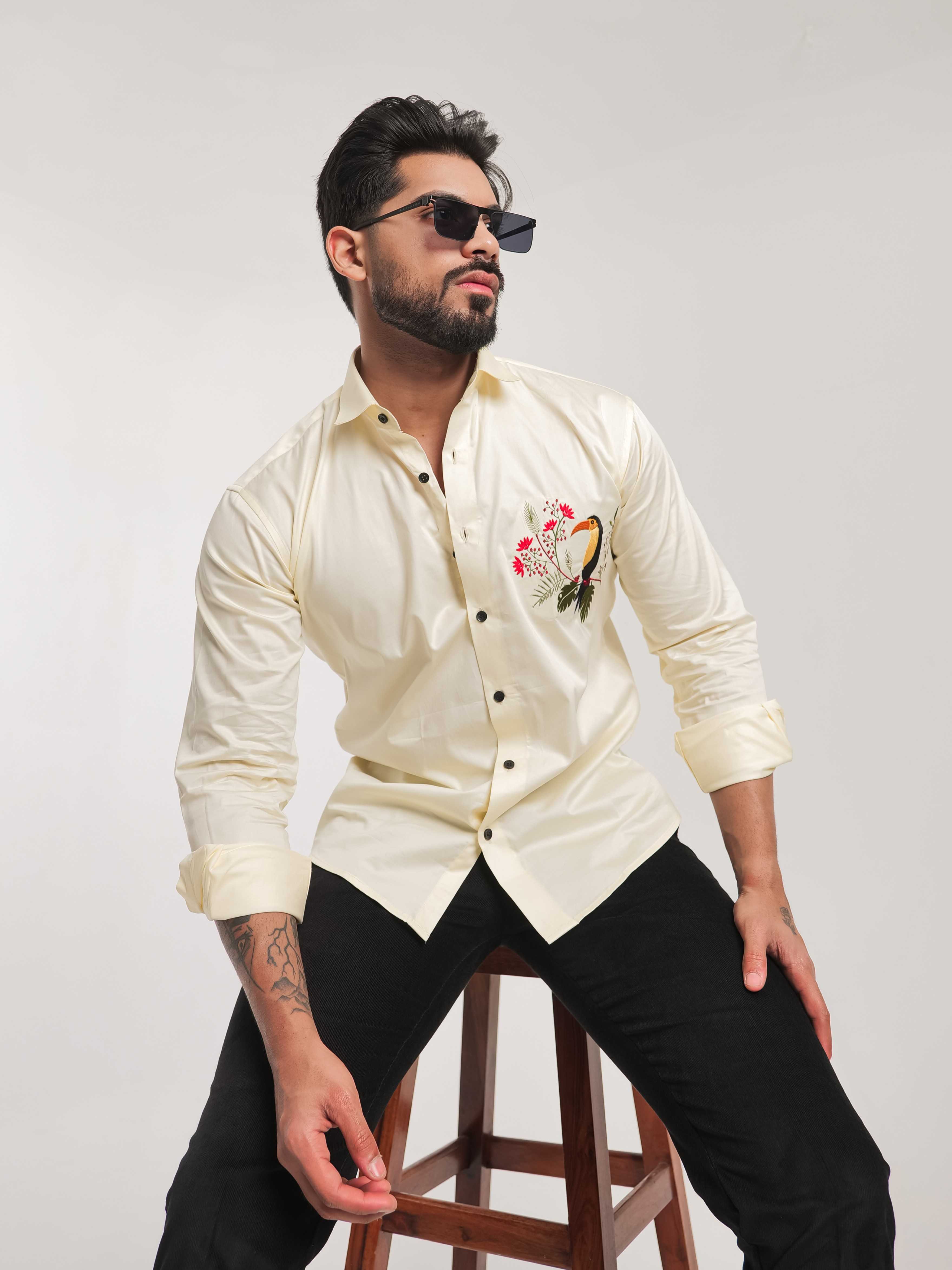 FOOMER YELLOW EMBROIDERY DESIGNER SATIN SHIRT FOR MEN'S - Image 13