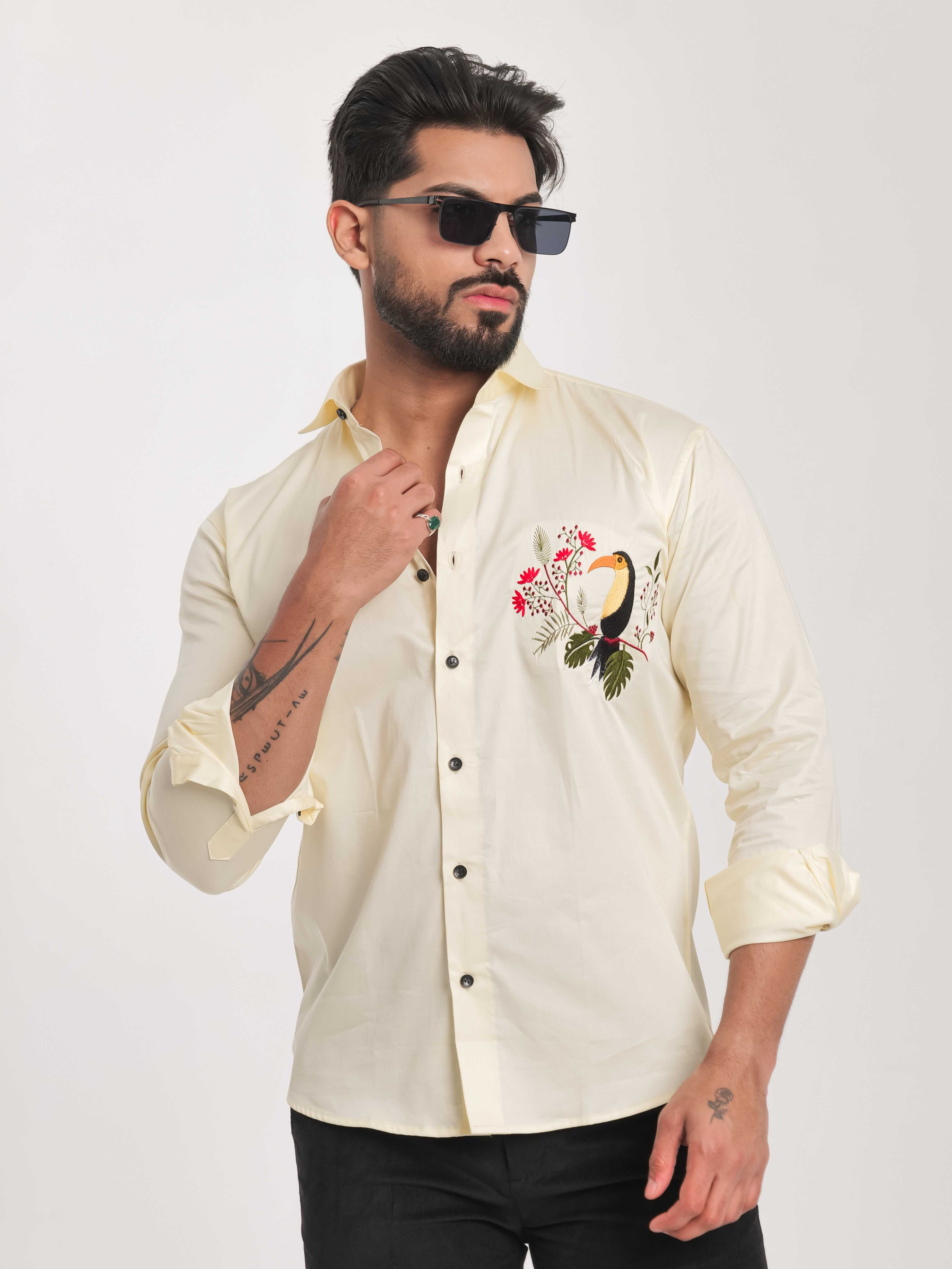 FOOMER YELLOW EMBROIDERY DESIGNER SATIN SHIRT FOR MEN'S - Image 15