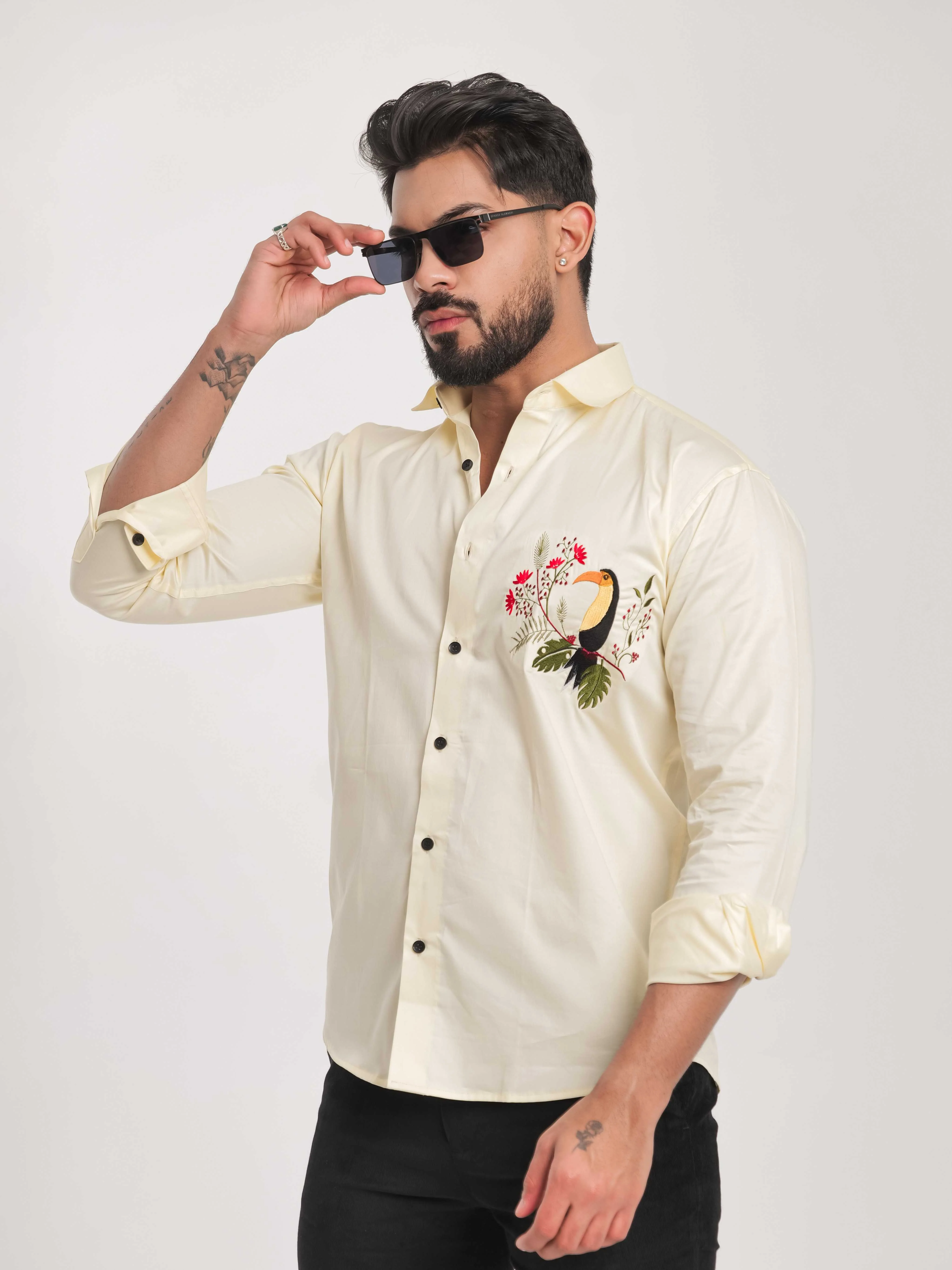 FOOMER YELLOW EMBROIDERY DESIGNER SATIN SHIRT FOR MEN'S - Image 5