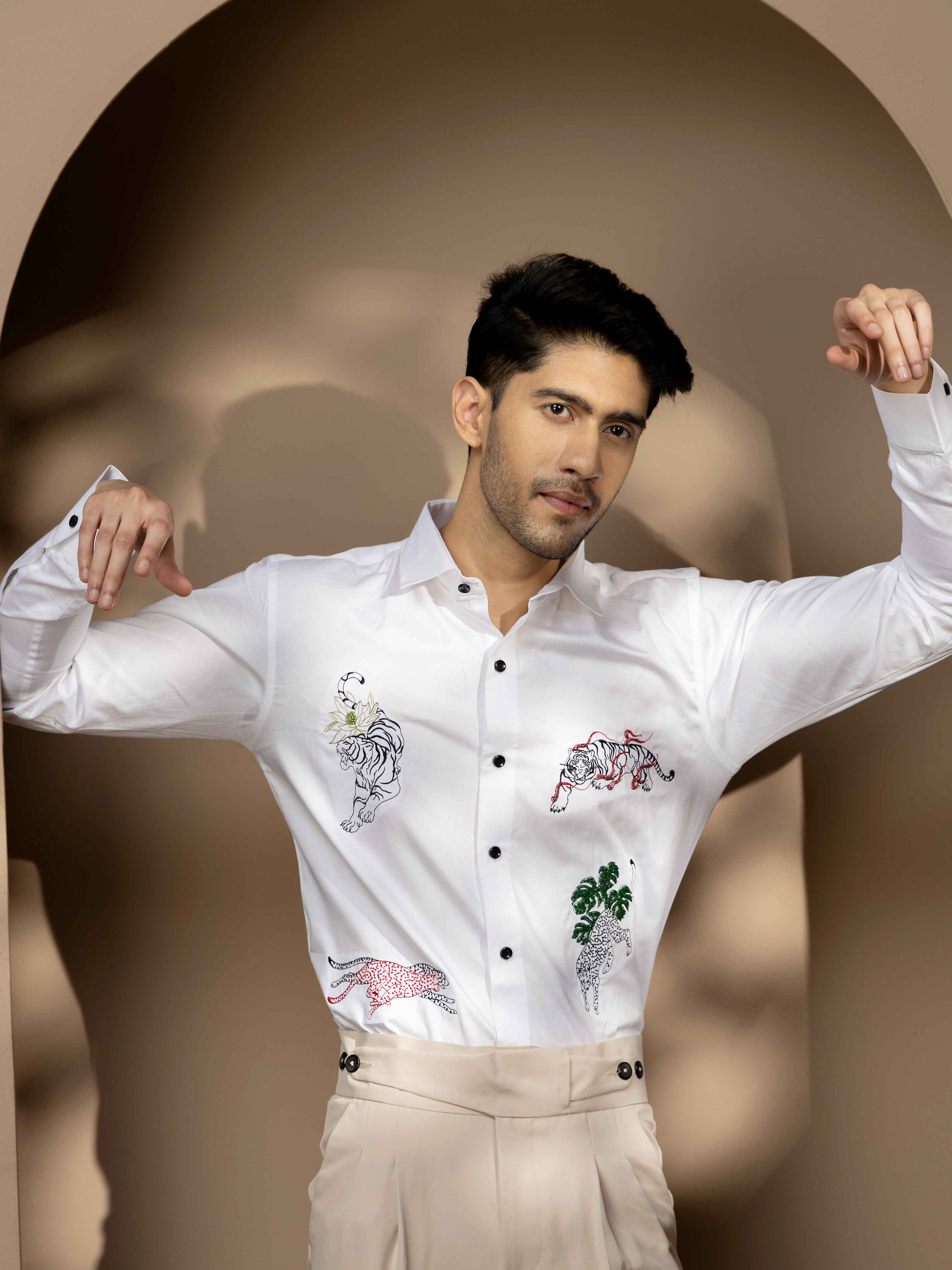 FOOMER ZOO EMBROIDERED WHITE LUXURY COTTON SHIRT FOR MEN