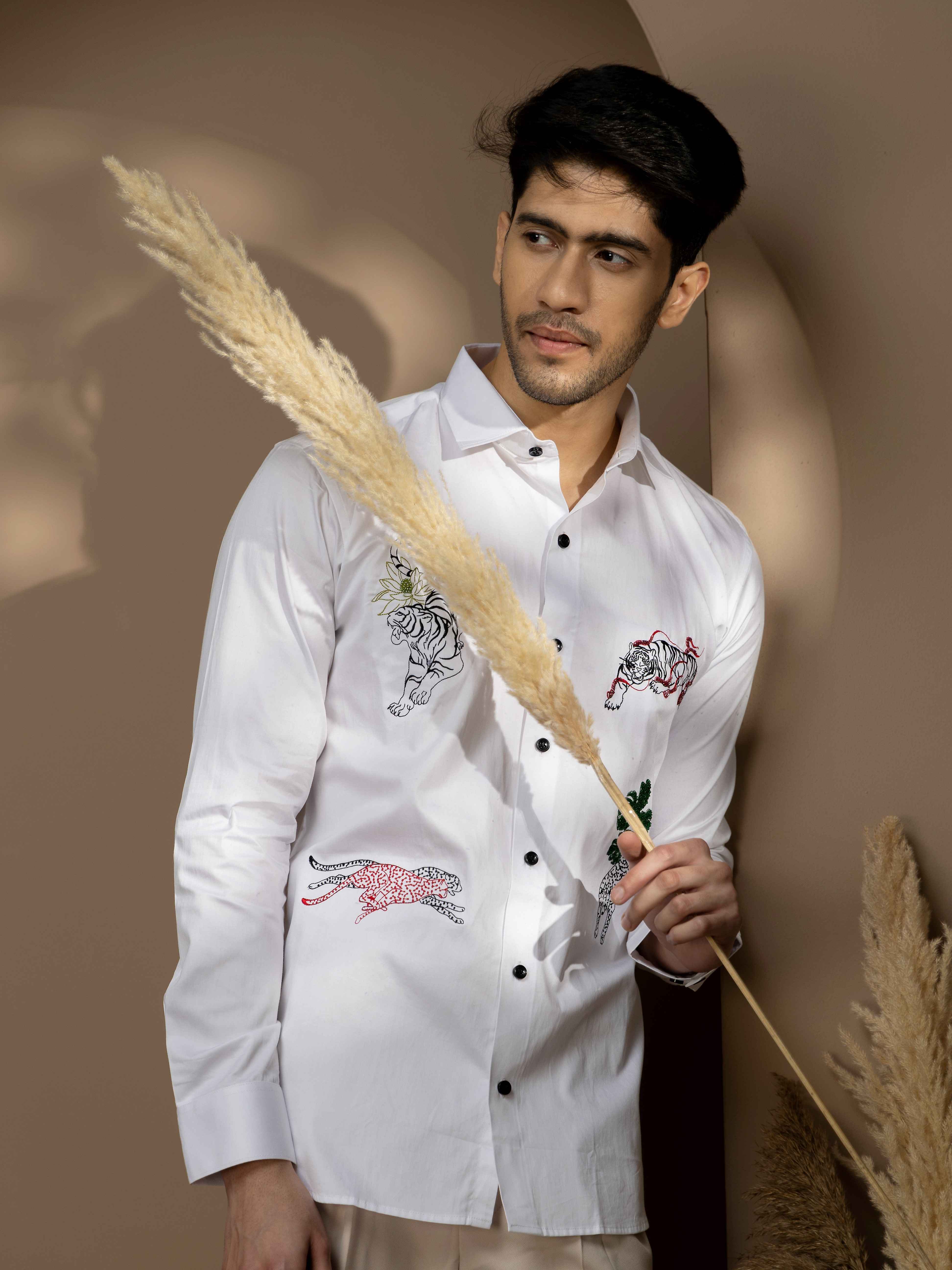 FOOMER ZOO EMBROIDERED WHITE LUXURY COTTON SHIRT FOR MEN - Image 6