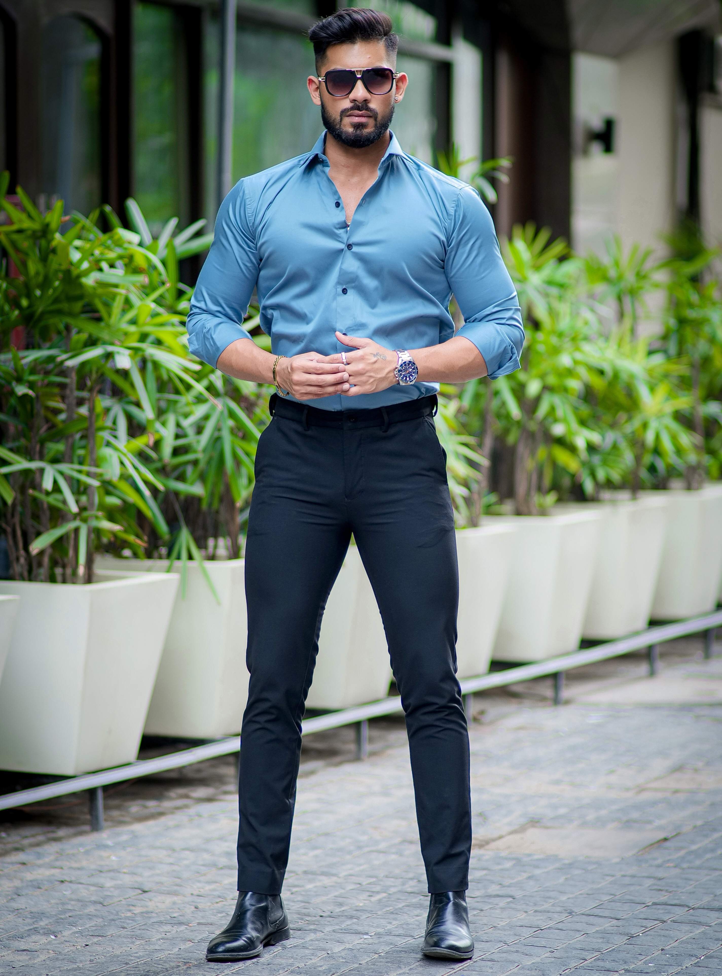 Formy Cool Blue Luxury Satin Cotton Shirt For Men's - Image 4