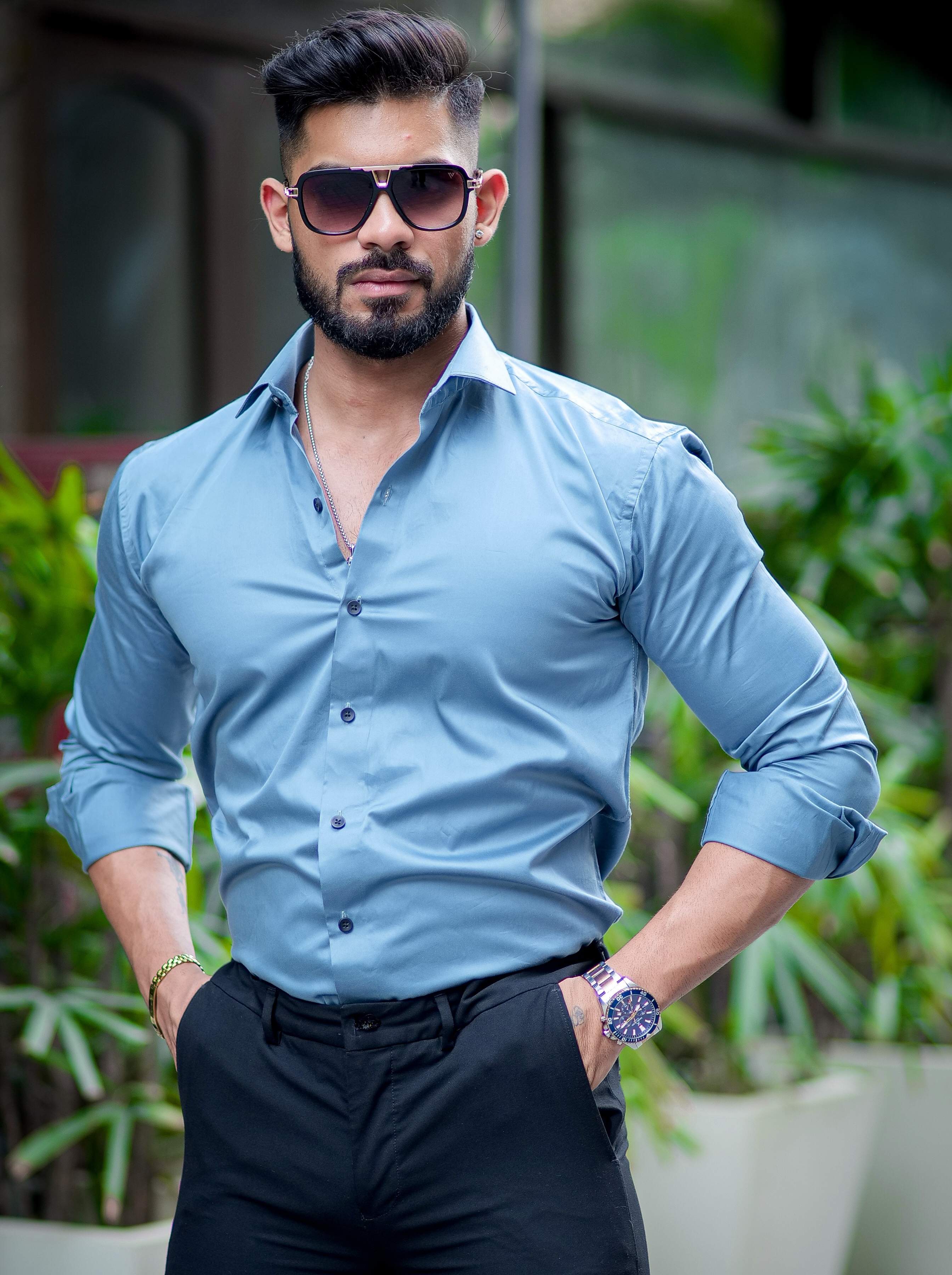 Formy Cool Blue Luxury Satin Cotton Shirt For Men's - Image 6