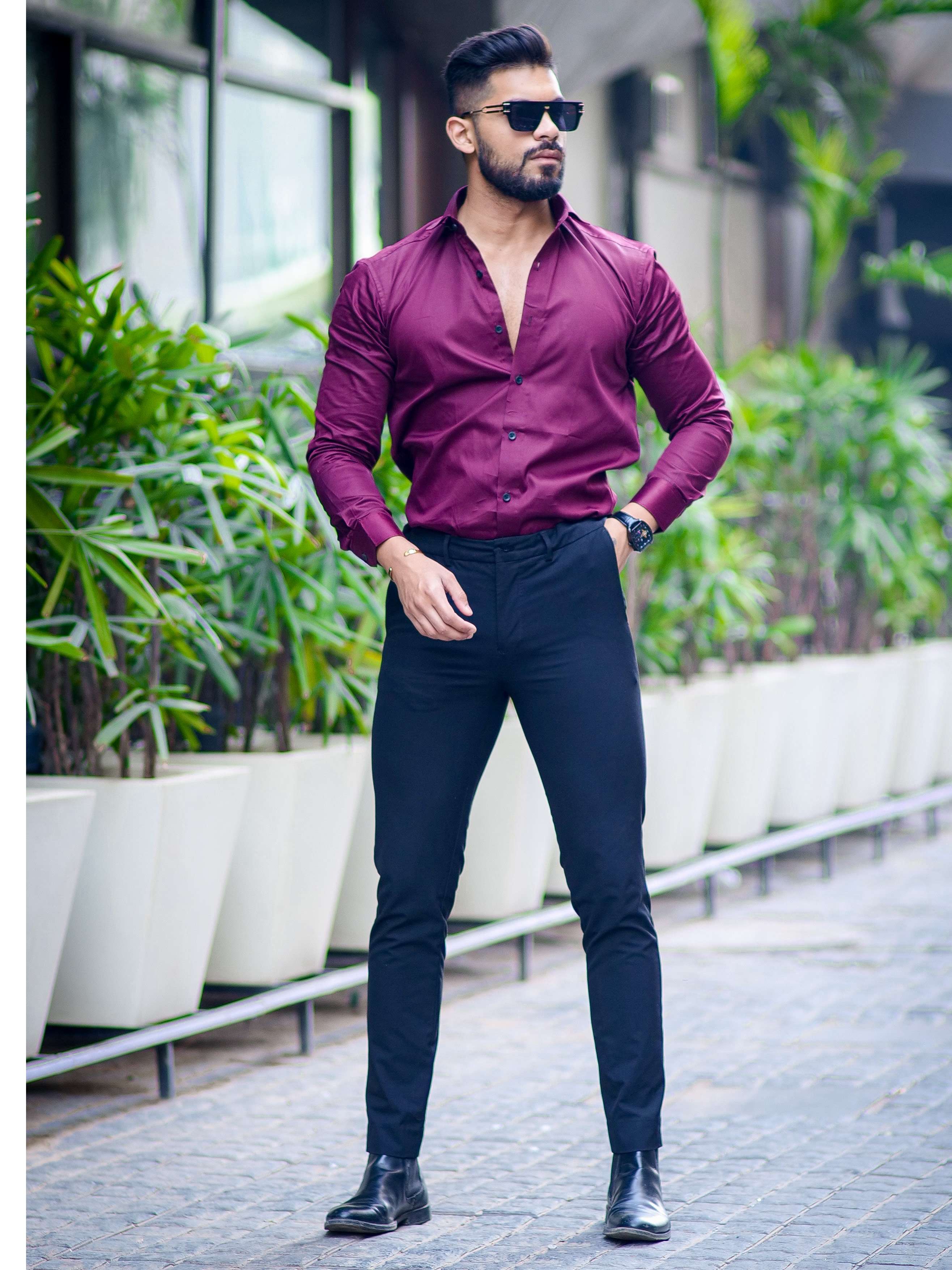Formy Dark Wine Berry Regular Fit Luxury Satin Shirt For Men's - Image 3