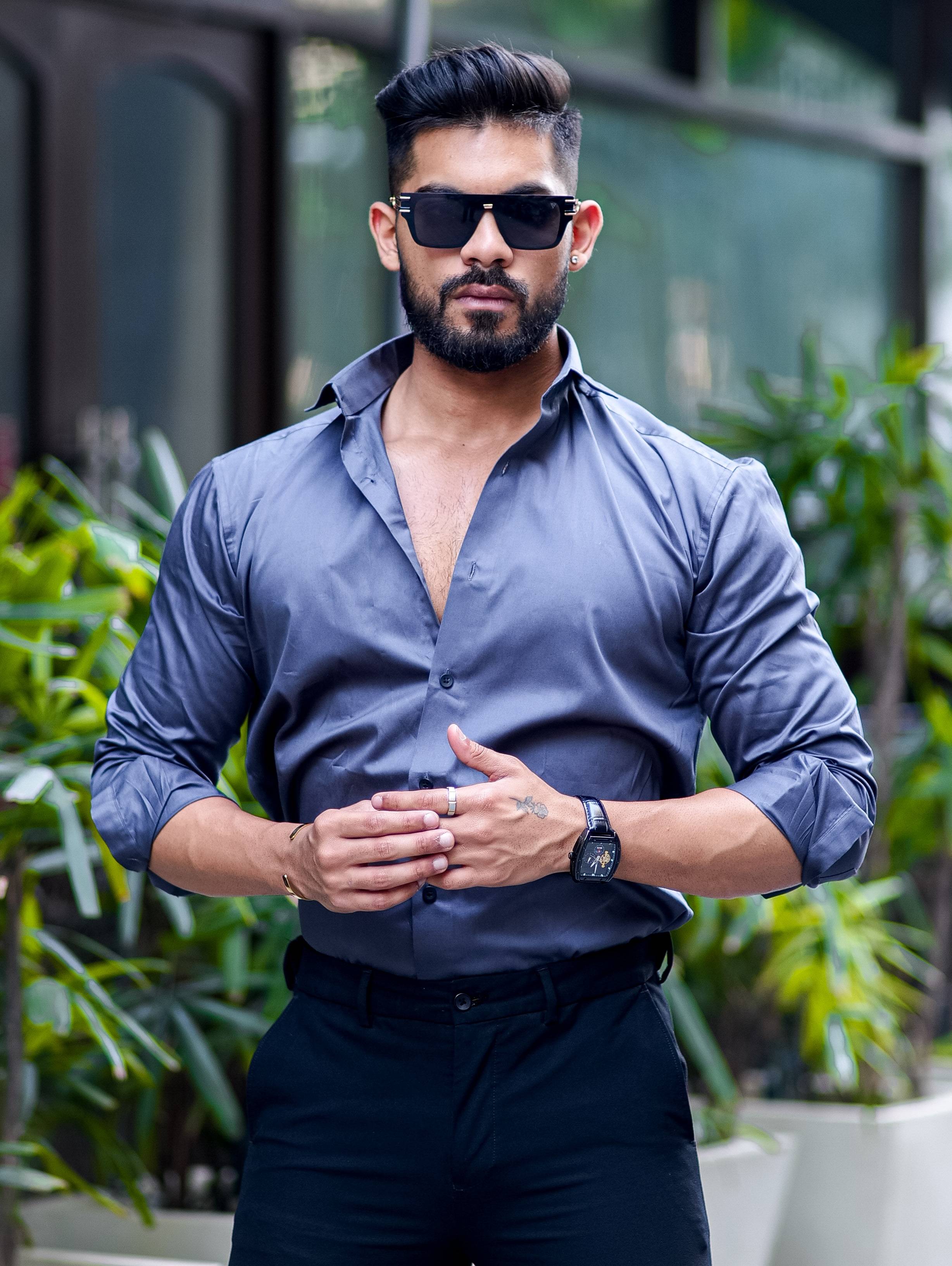 Formy Waikawa Grey Luxury Satin Cotton Shirt For Men's - Image 4