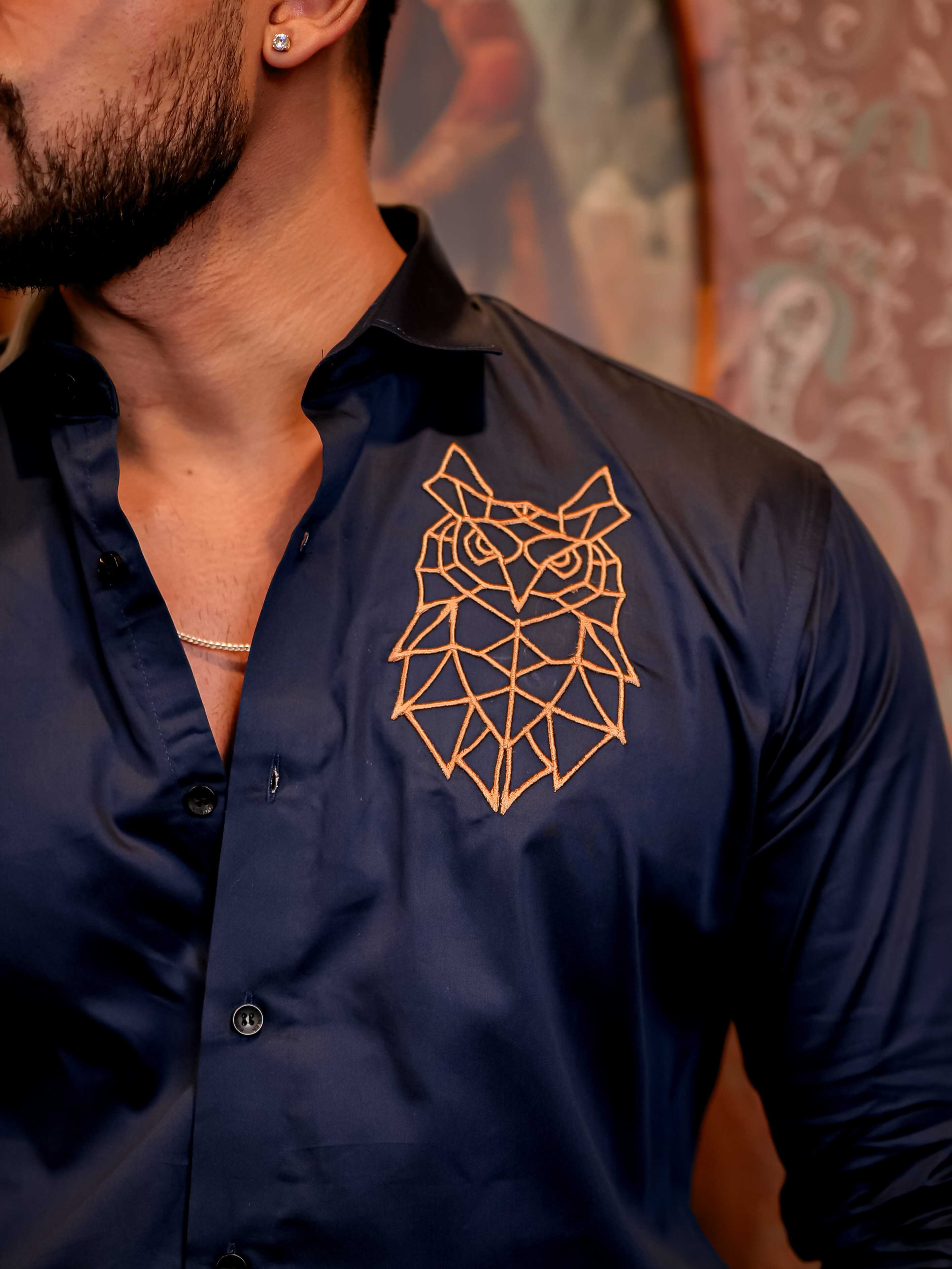 Geometric owl Navy Golden Embroidered Club Wear Satin Cotton Shirt - Image 2