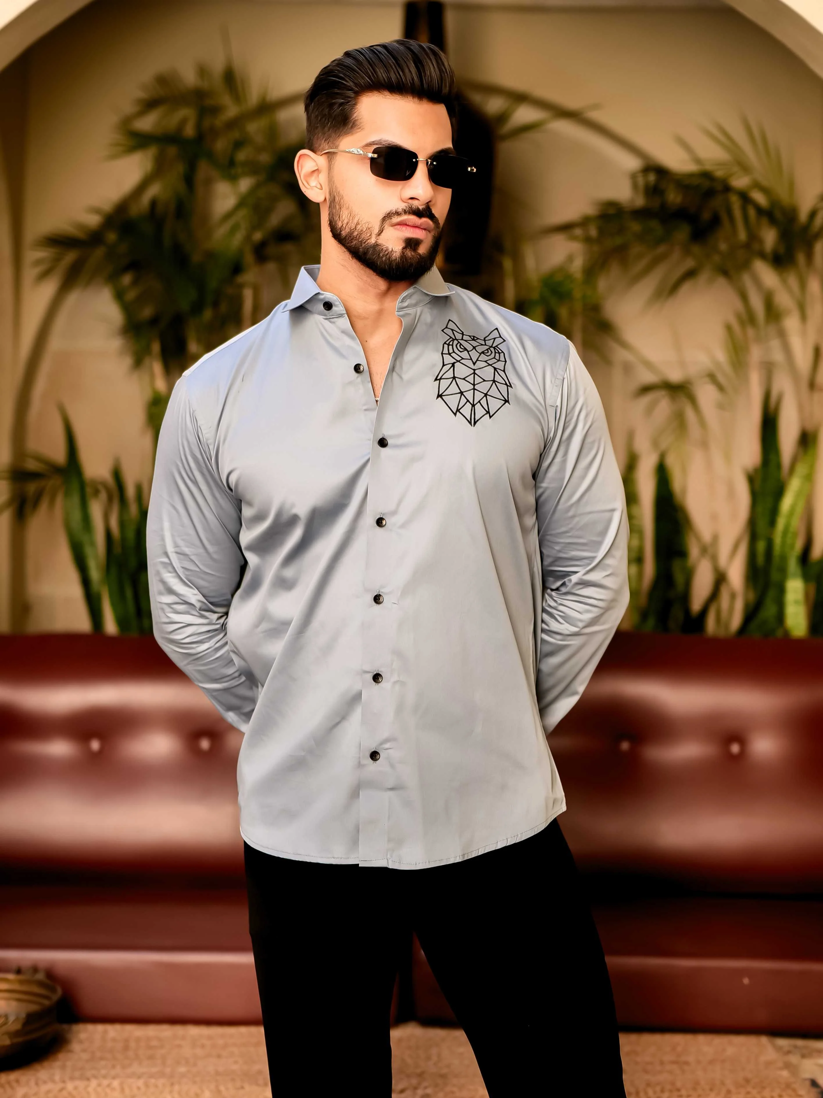 Geometric owl Sky Embroidered Club Wear Satin Cotton Shirt - Image 5