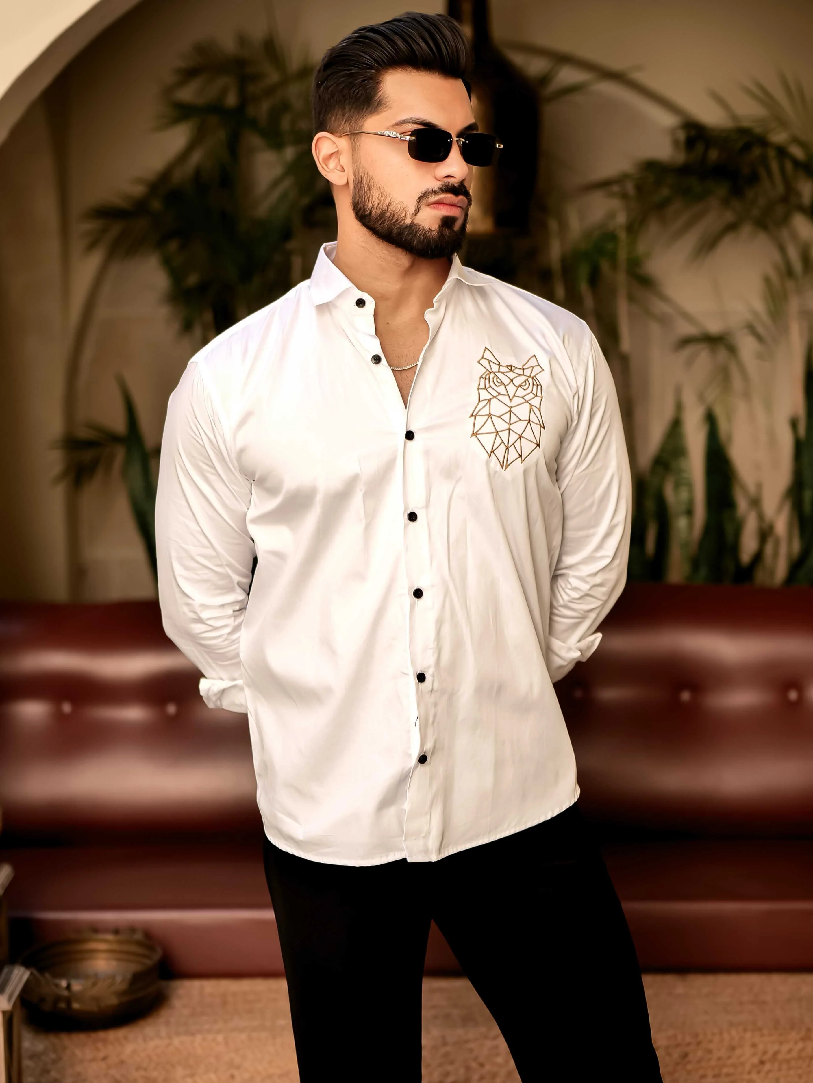 Geometric owl White Golden Embroidered Club Wear Satin Cotton Shirt - Image 3
