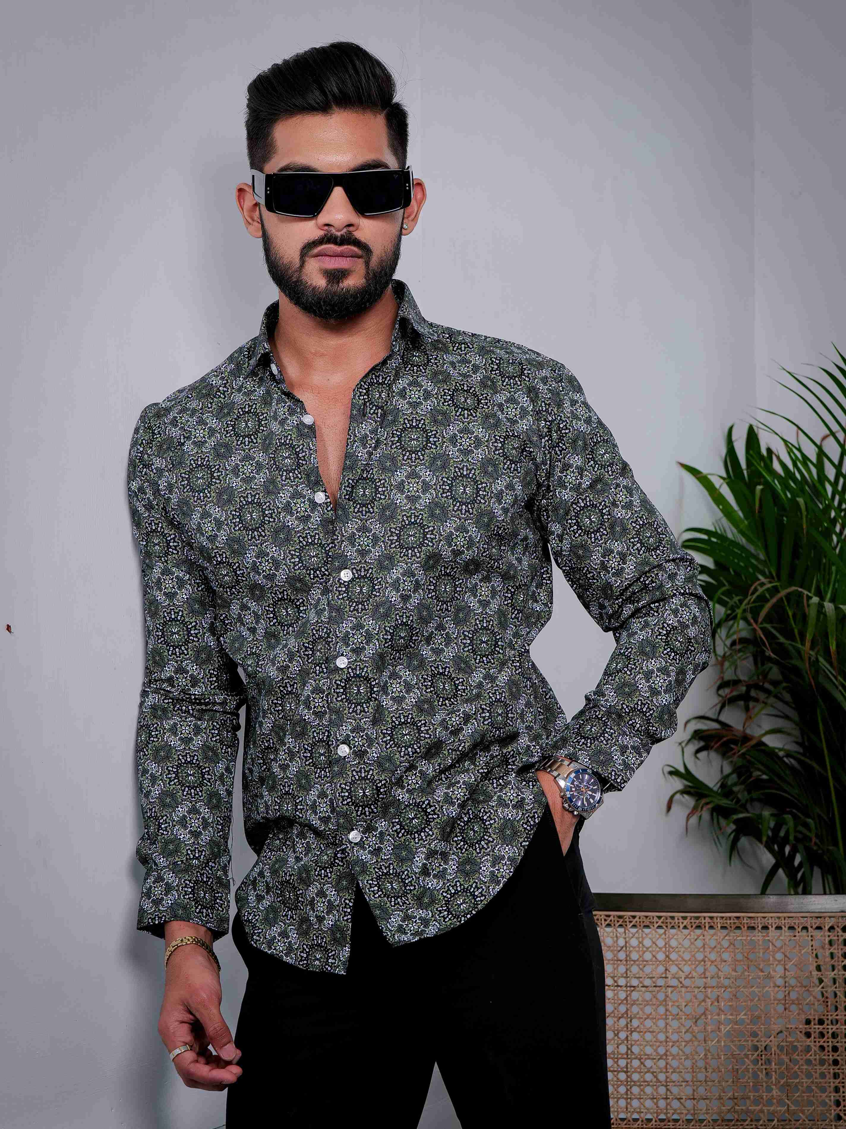 Green Cotton Print Premium Shirt - Image 7