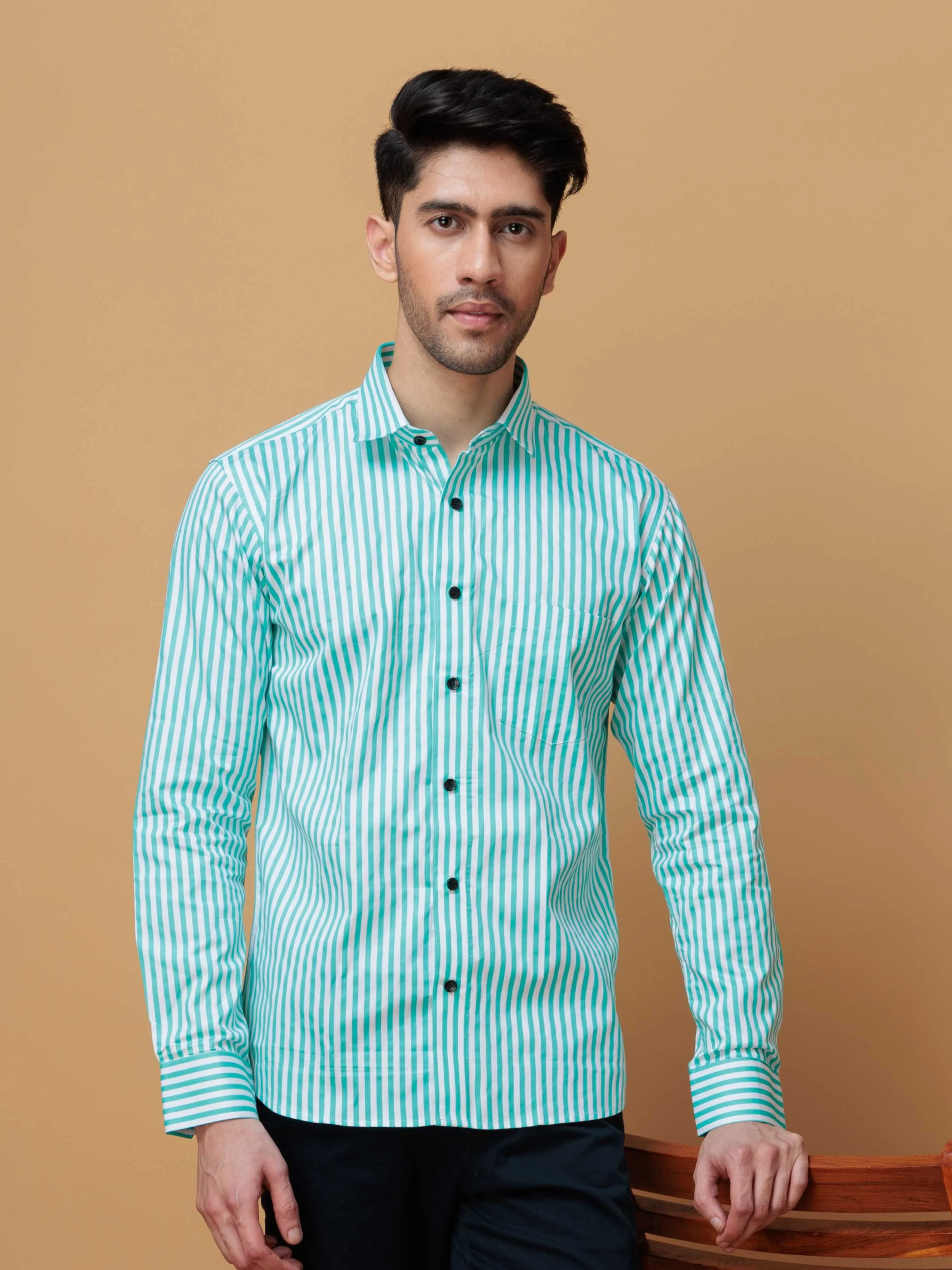 GREEN STRIPED COTTON REGULAR FIT MEN'S CASUAL SHIRT FOR MEN'S - Image 3