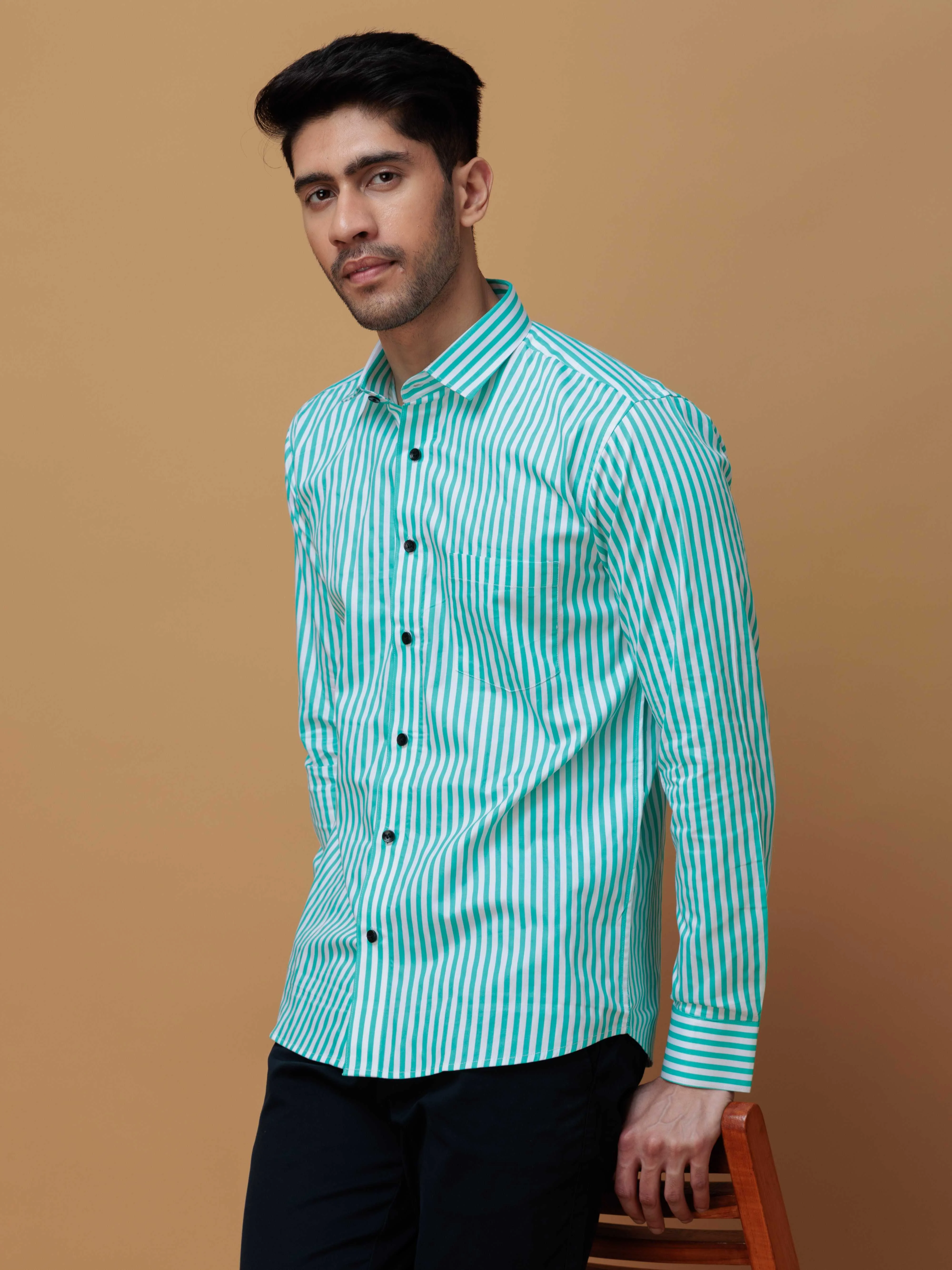 GREEN STRIPED COTTON REGULAR FIT MEN'S CASUAL SHIRT FOR MEN'S - Image 4