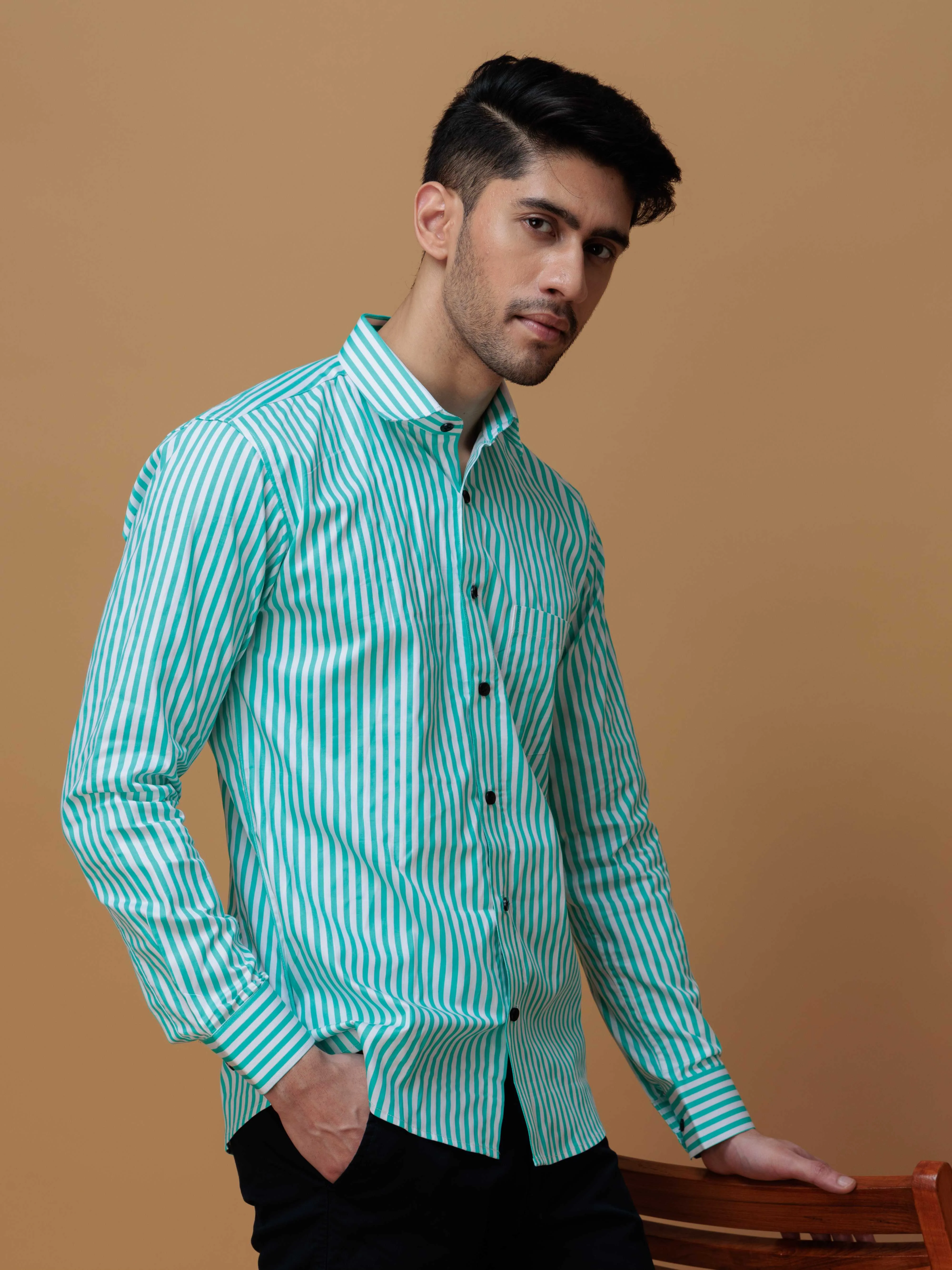 GREEN STRIPED COTTON REGULAR FIT MEN'S CASUAL SHIRT FOR MEN'S - Image 7