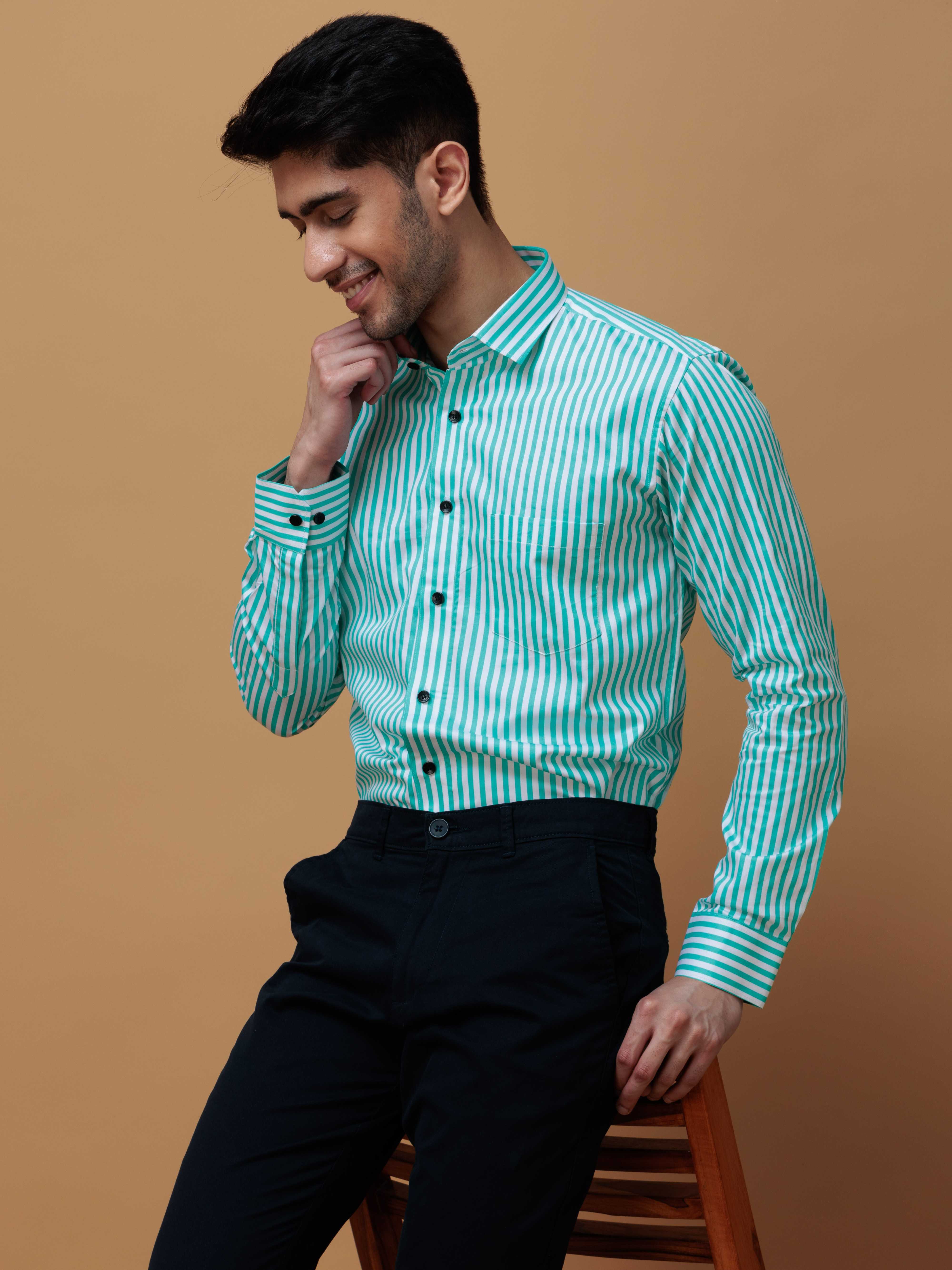 GREEN STRIPED COTTON REGULAR FIT MEN'S CASUAL SHIRT FOR MEN'S - Image 9