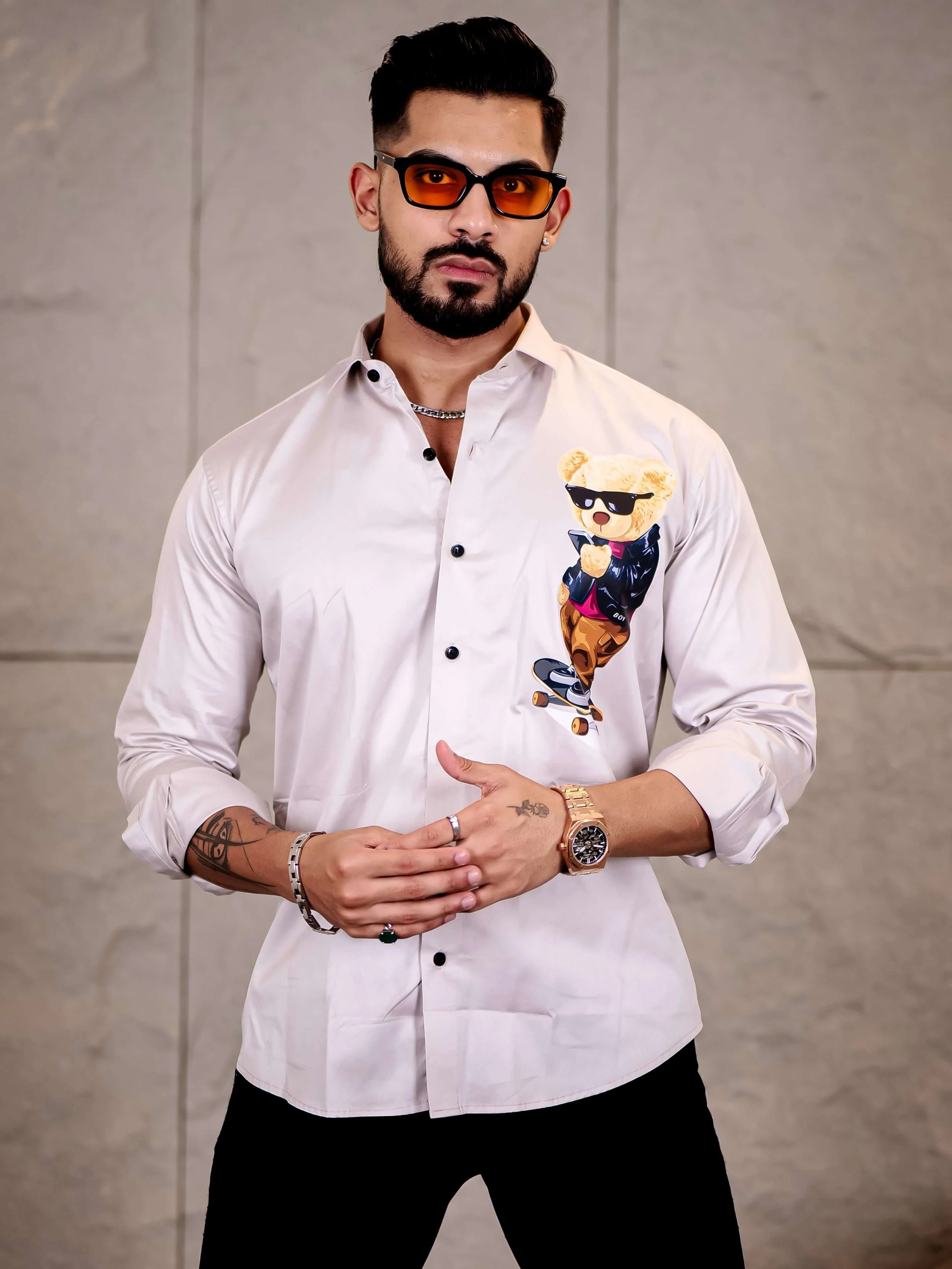 Grey Club Wear Skateboard Cartoon Printed Satin Cotton Shirt - Image 3