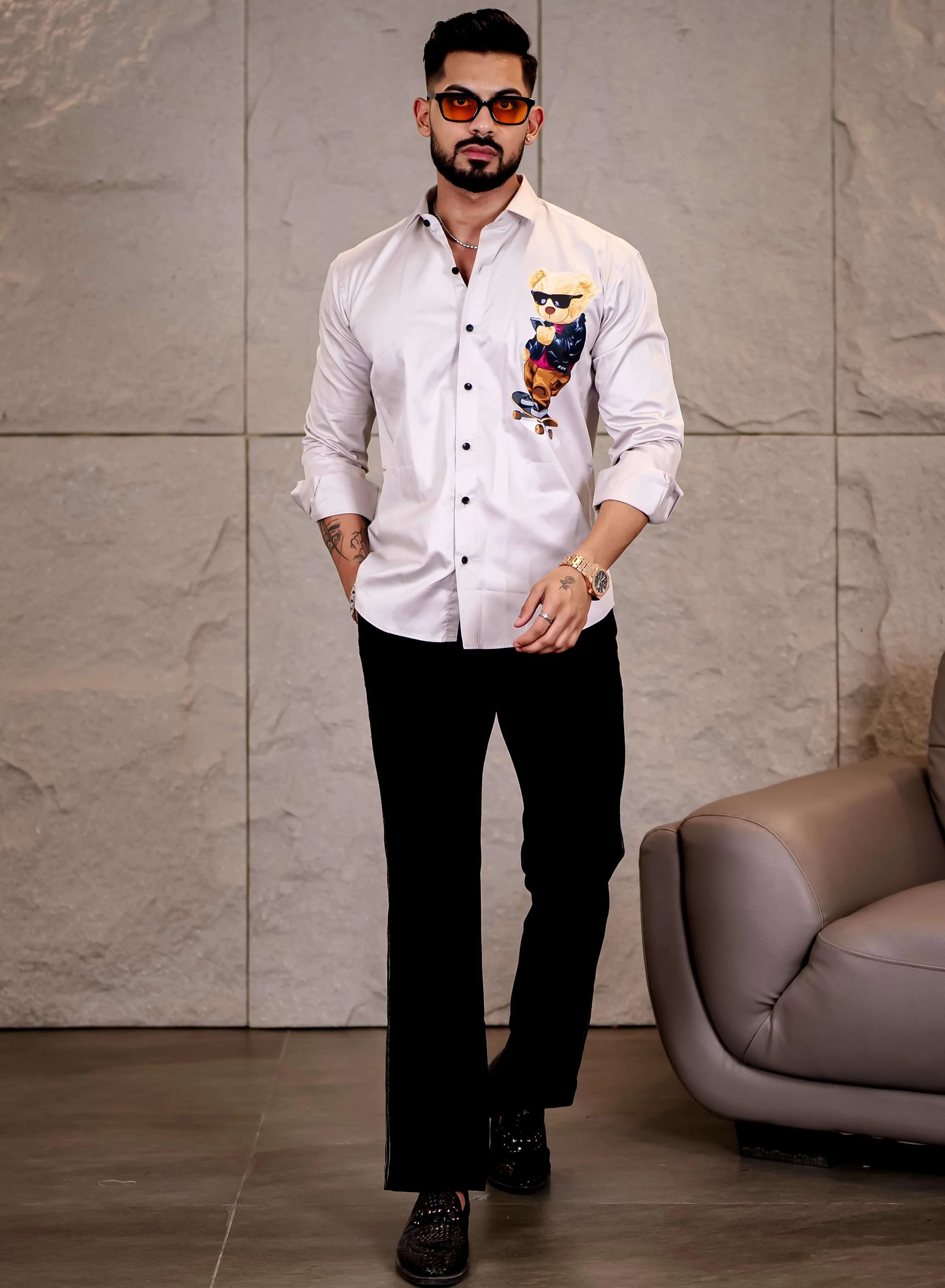 Grey Club Wear Skateboard Cartoon Printed Satin Cotton Shirt - Image 4