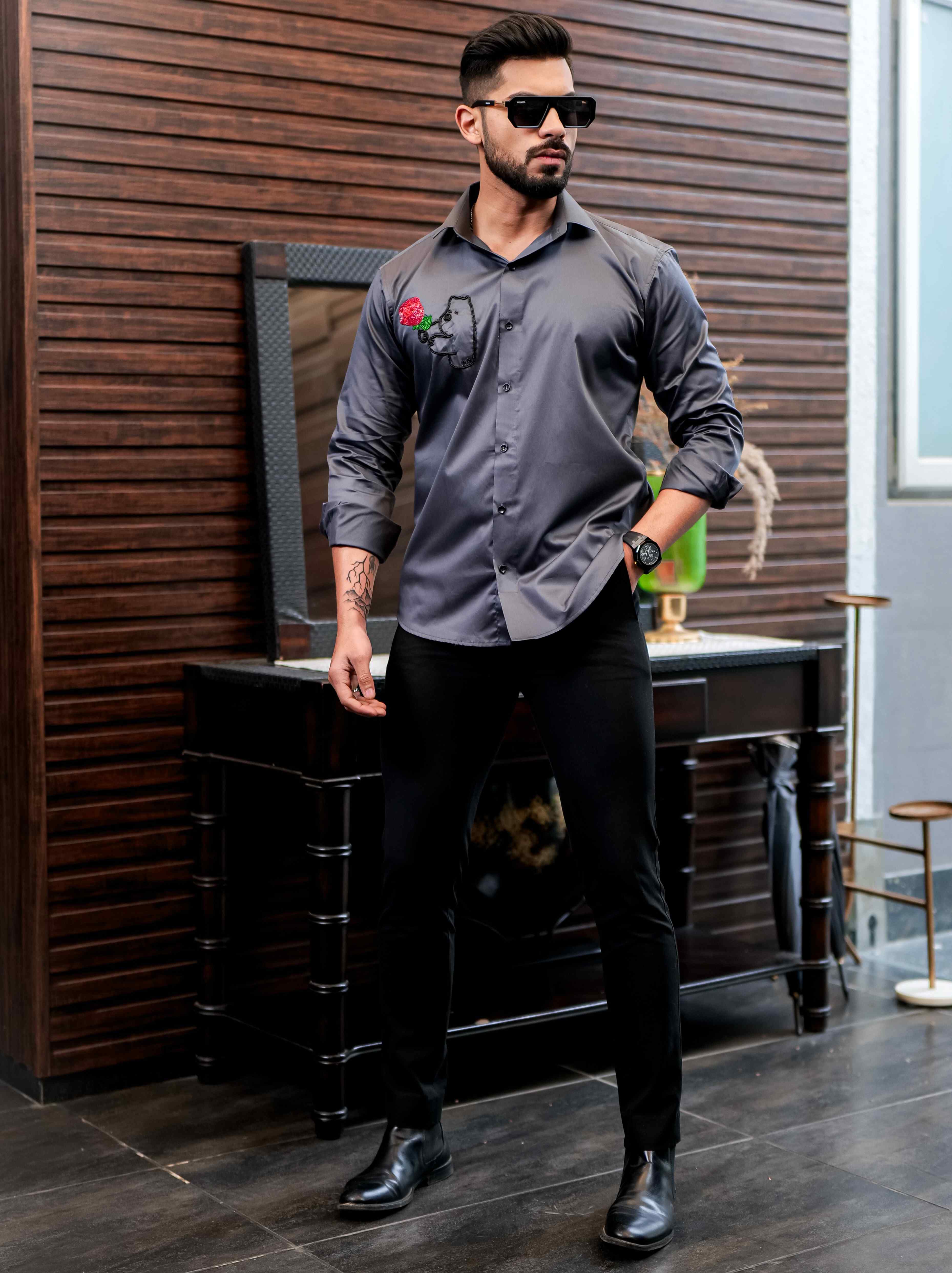 Grey Rhinestone Hand Work Party Satin Cotton Premium Shirt - Image 3