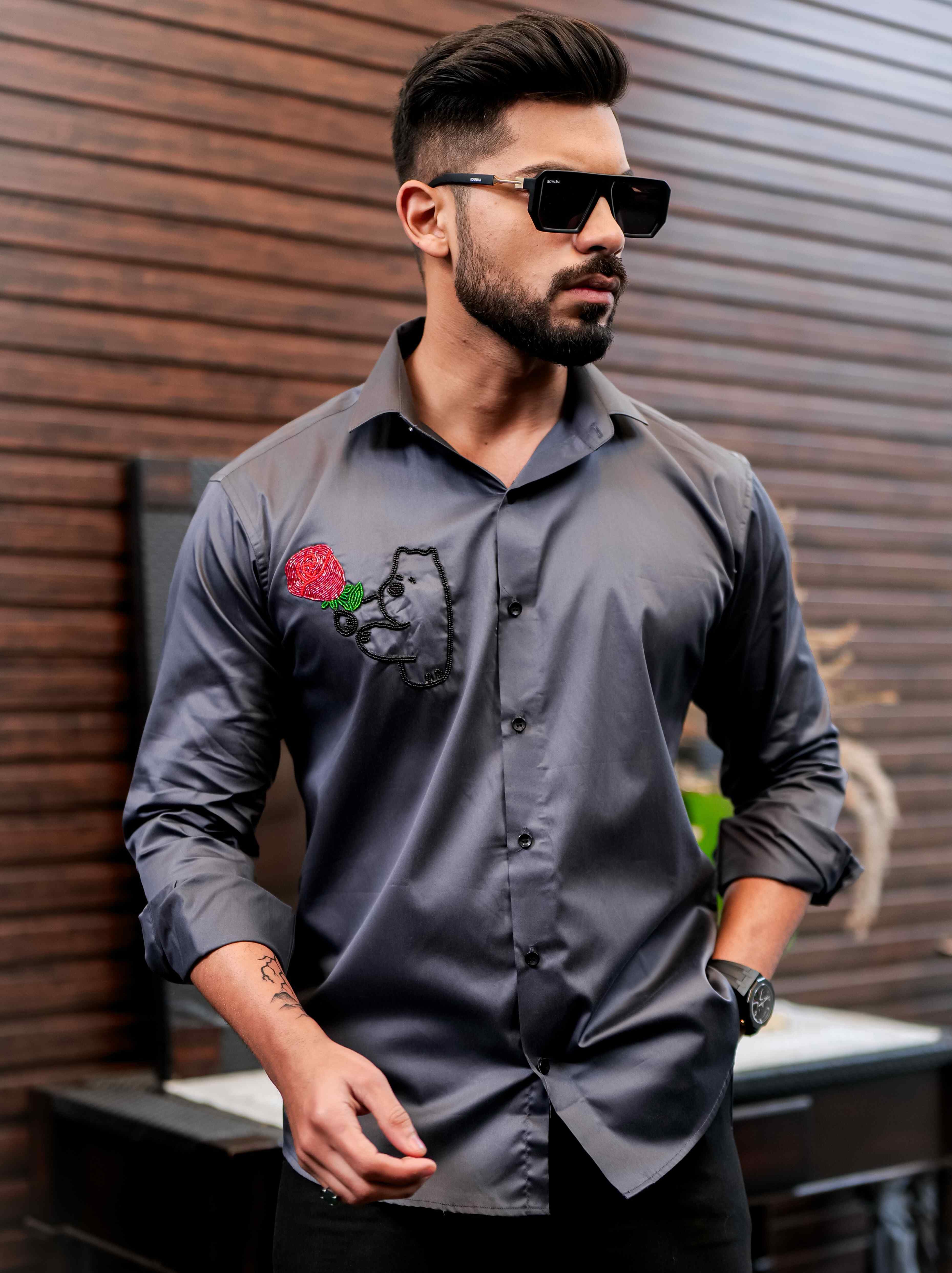 Grey Rhinestone Hand Work Party Satin Cotton Premium Shirt - Image 6