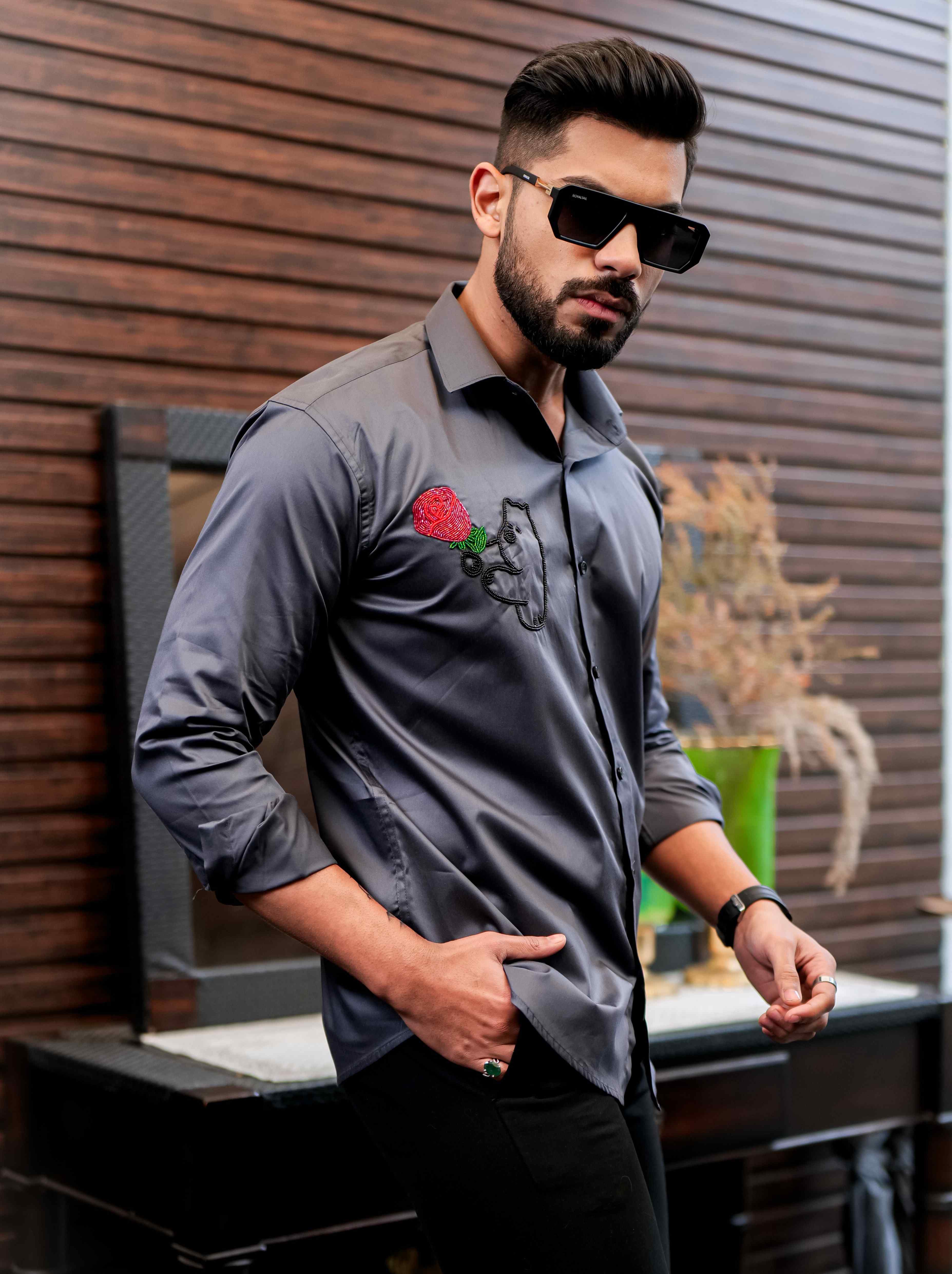 Grey Rhinestone Hand Work Party Satin Cotton Premium Shirt - Image 8