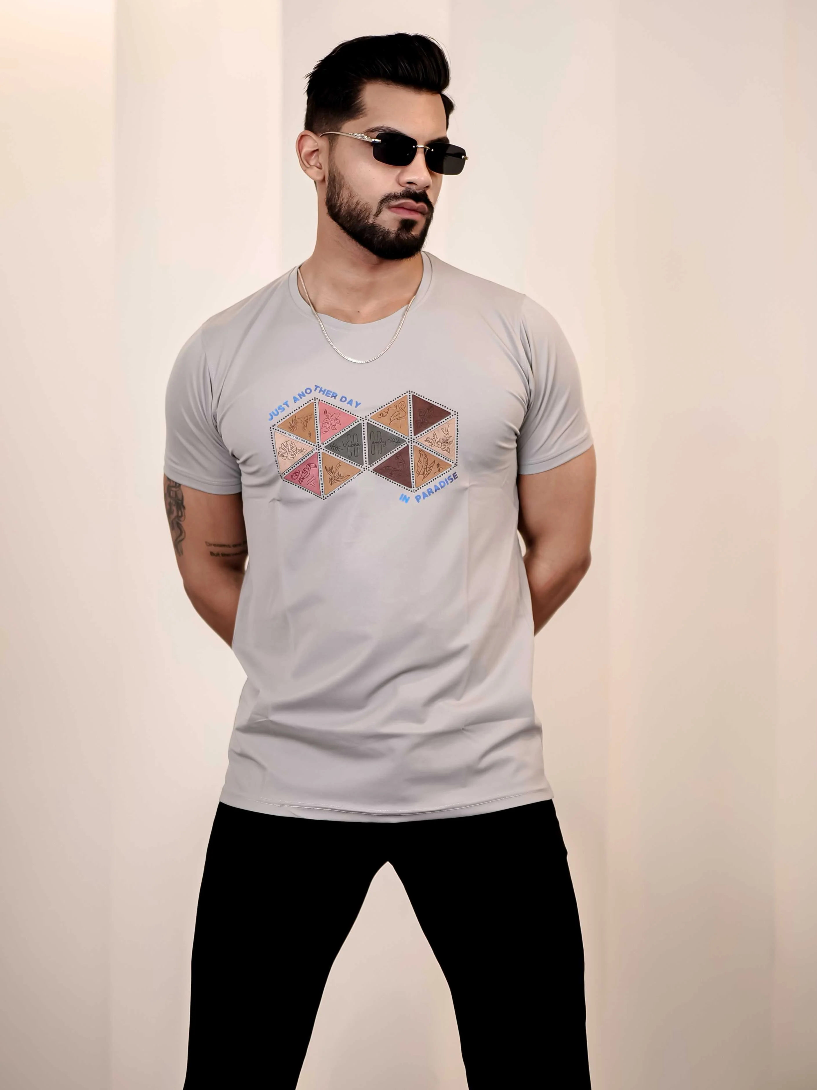 Grey Round Neck Imported Cotton Half Sleeve Premium Designer T-Shirt - Image 4