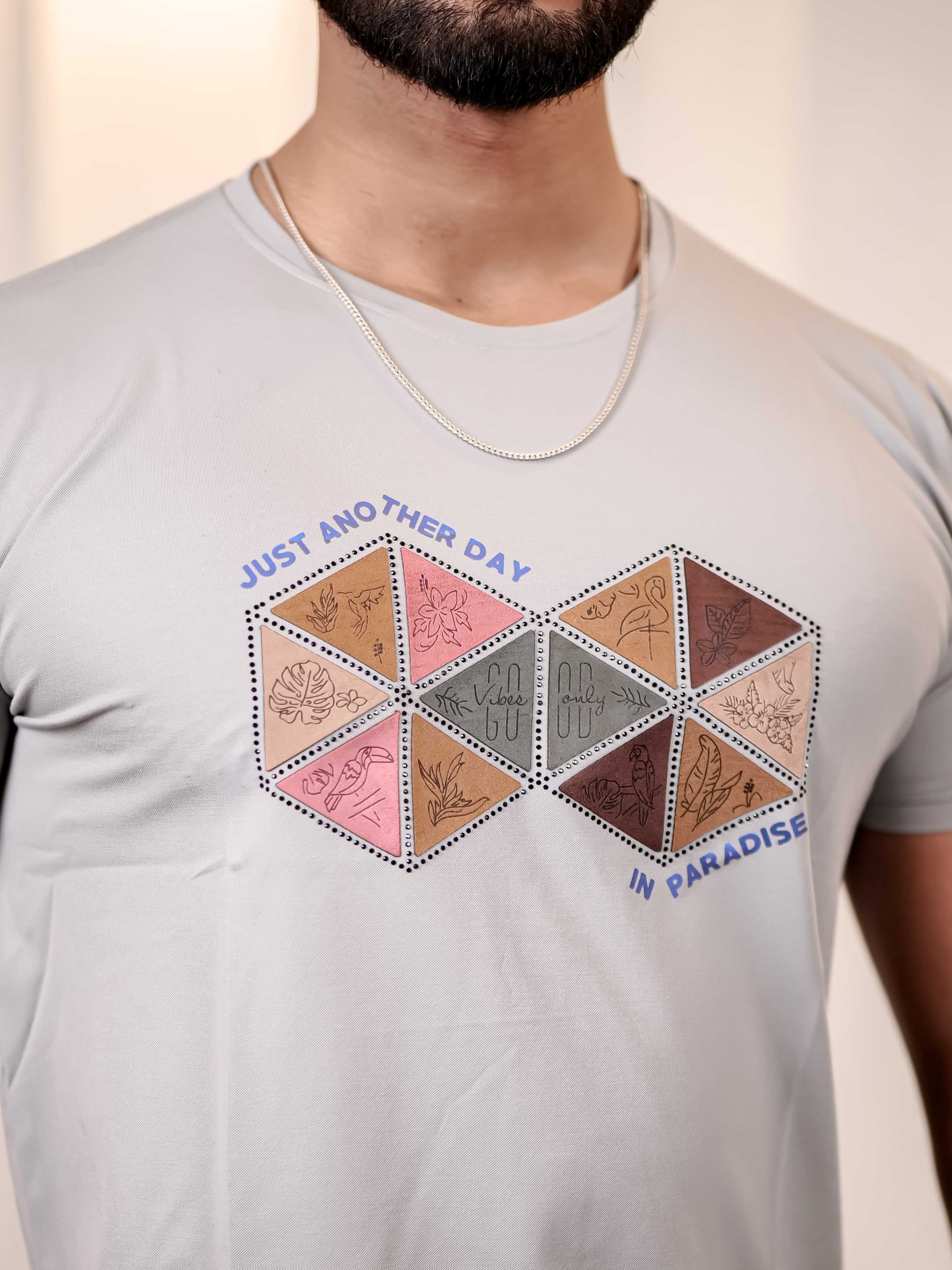 Grey Round Neck Imported Cotton Half Sleeve Premium Designer T-Shirt - Image 6