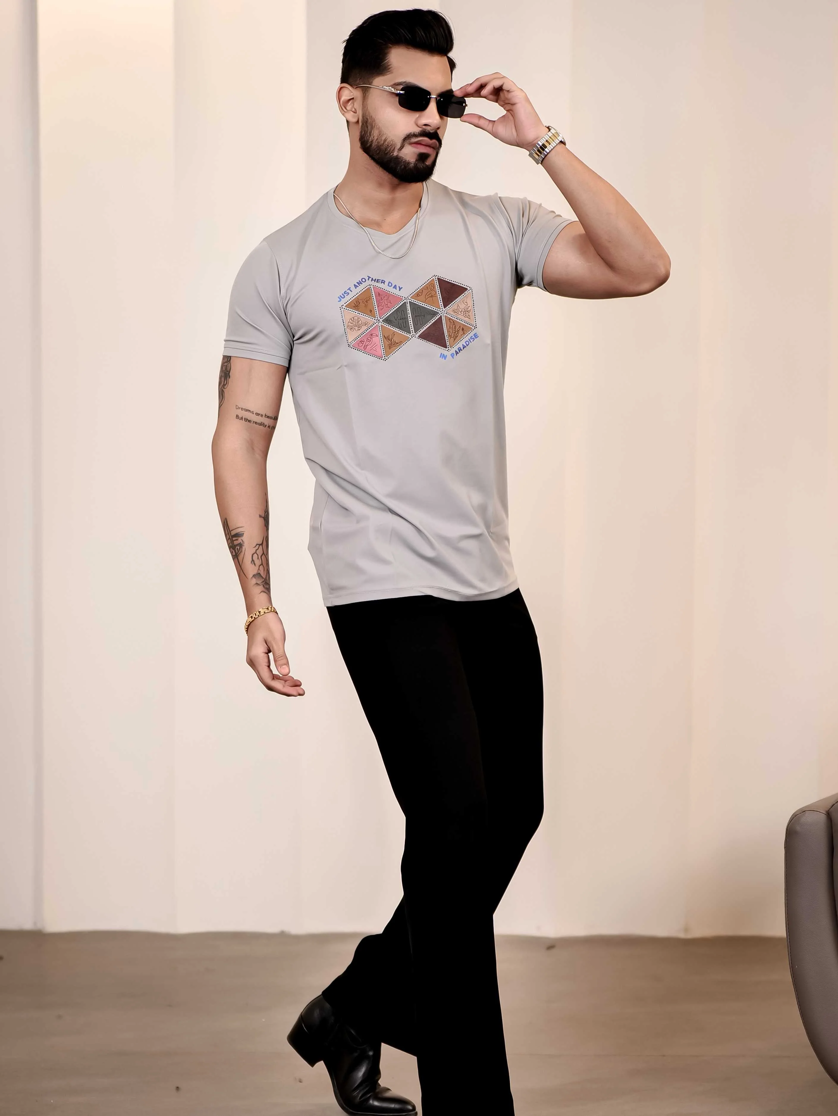 Grey Round Neck Imported Cotton Half Sleeve Premium Designer T-Shirt - Image 7