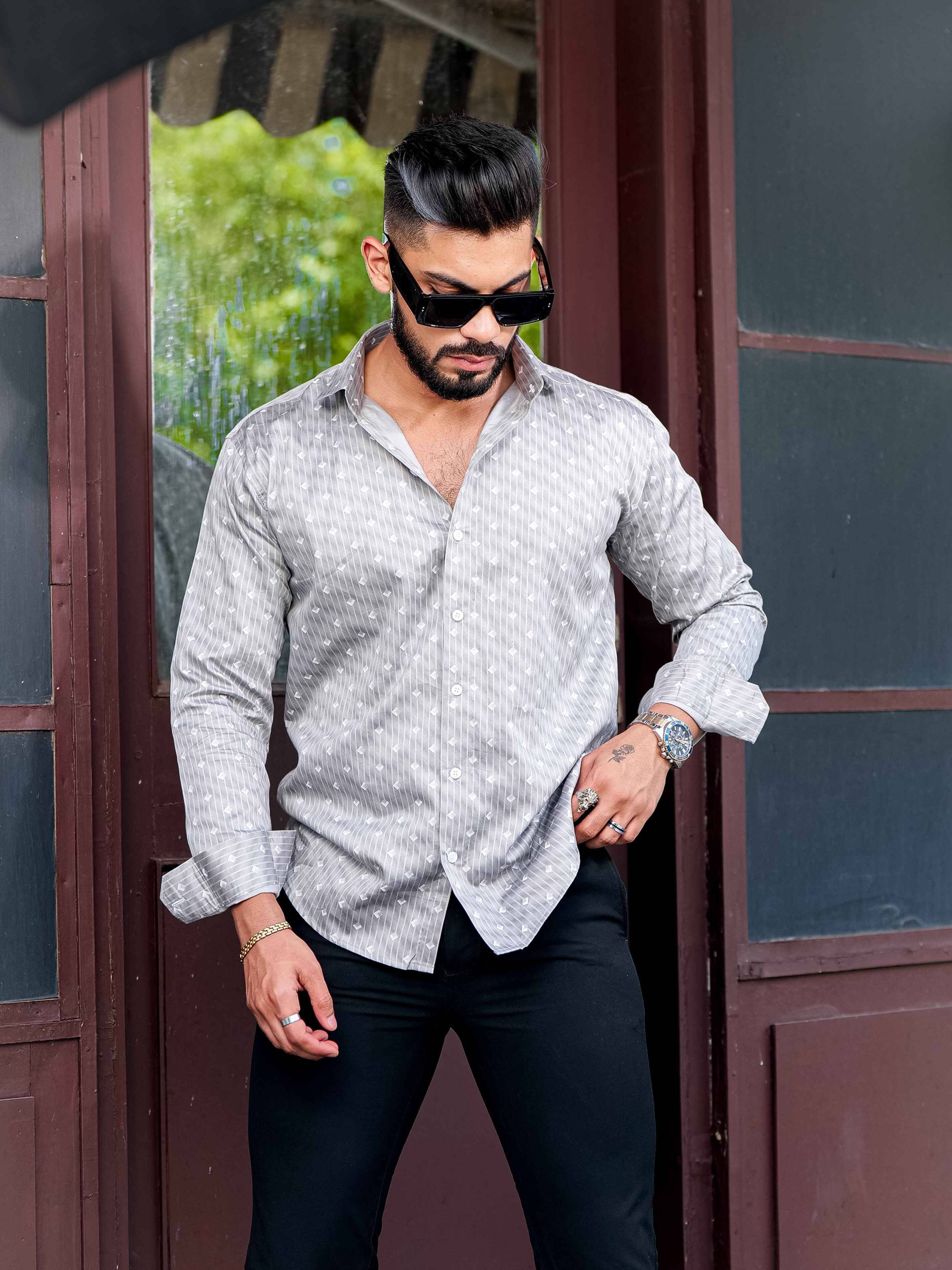 Grey Satin Print Premium Shirt - Image 4